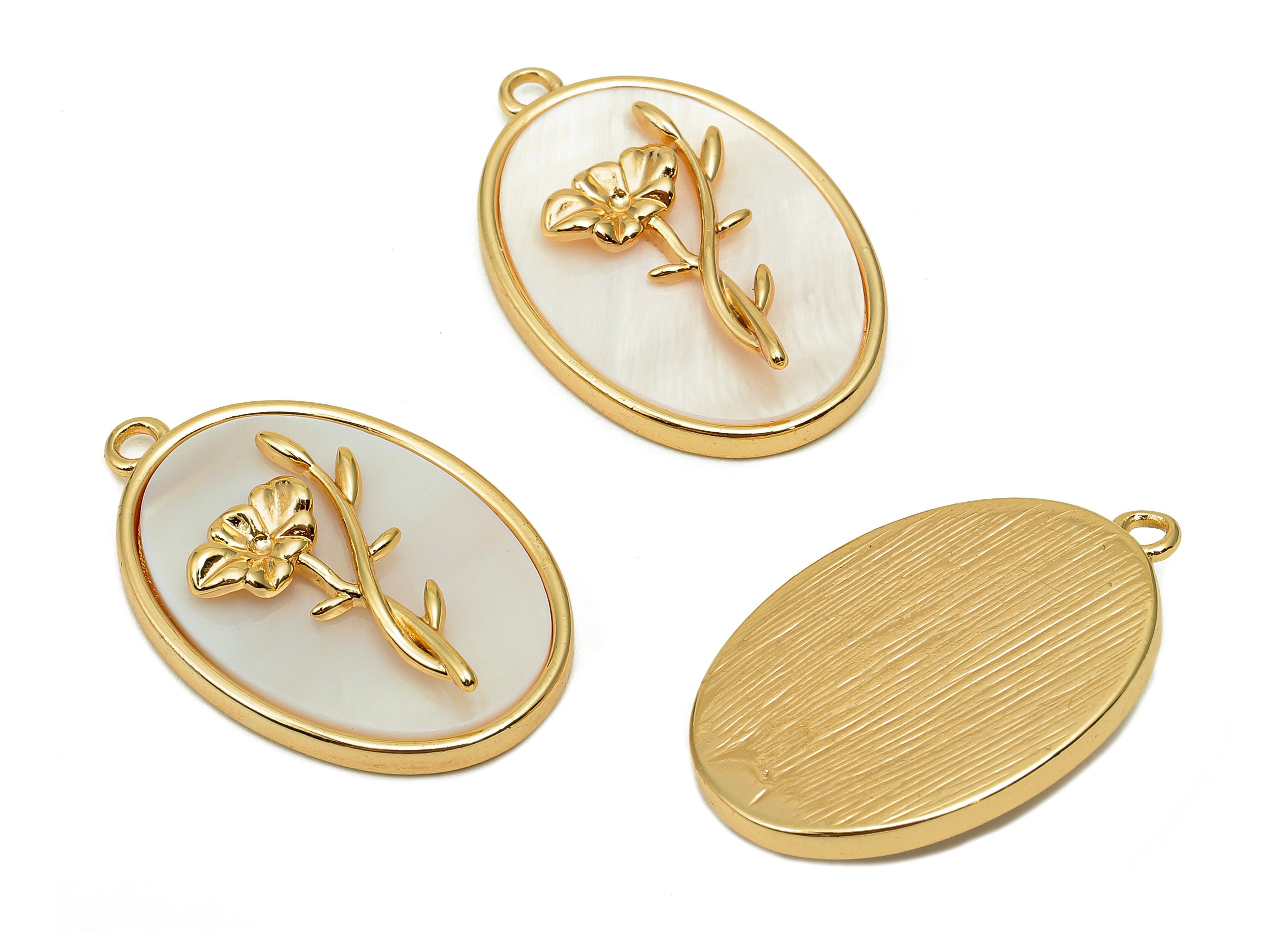 Brass Flower Shell Oval Earring - Pearl Drop Poppy Pendant - Necklace Charm With Loop - 18K Real Gold Plating - 27.1x17.8x4.3mm - RGP5647J - DOMEDBAZAAR