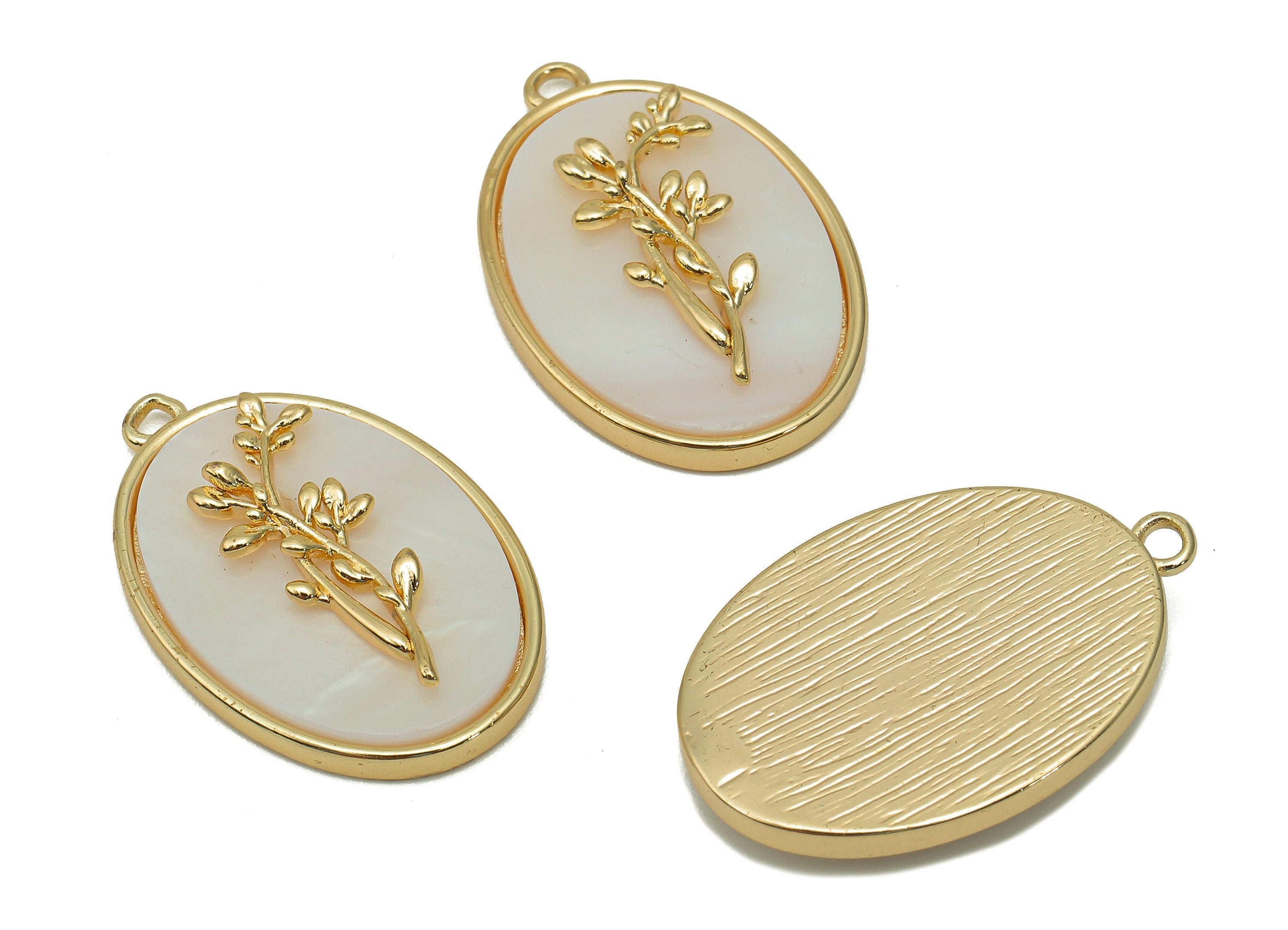 Brass Flower Shell Oval Earring - Pearl Drop Holly Pendant - Necklace Charm With Loop - 18K Real Gold Plating - 27.1x17.8x4.3mm - RGP5647M - DOMEDBAZAAR