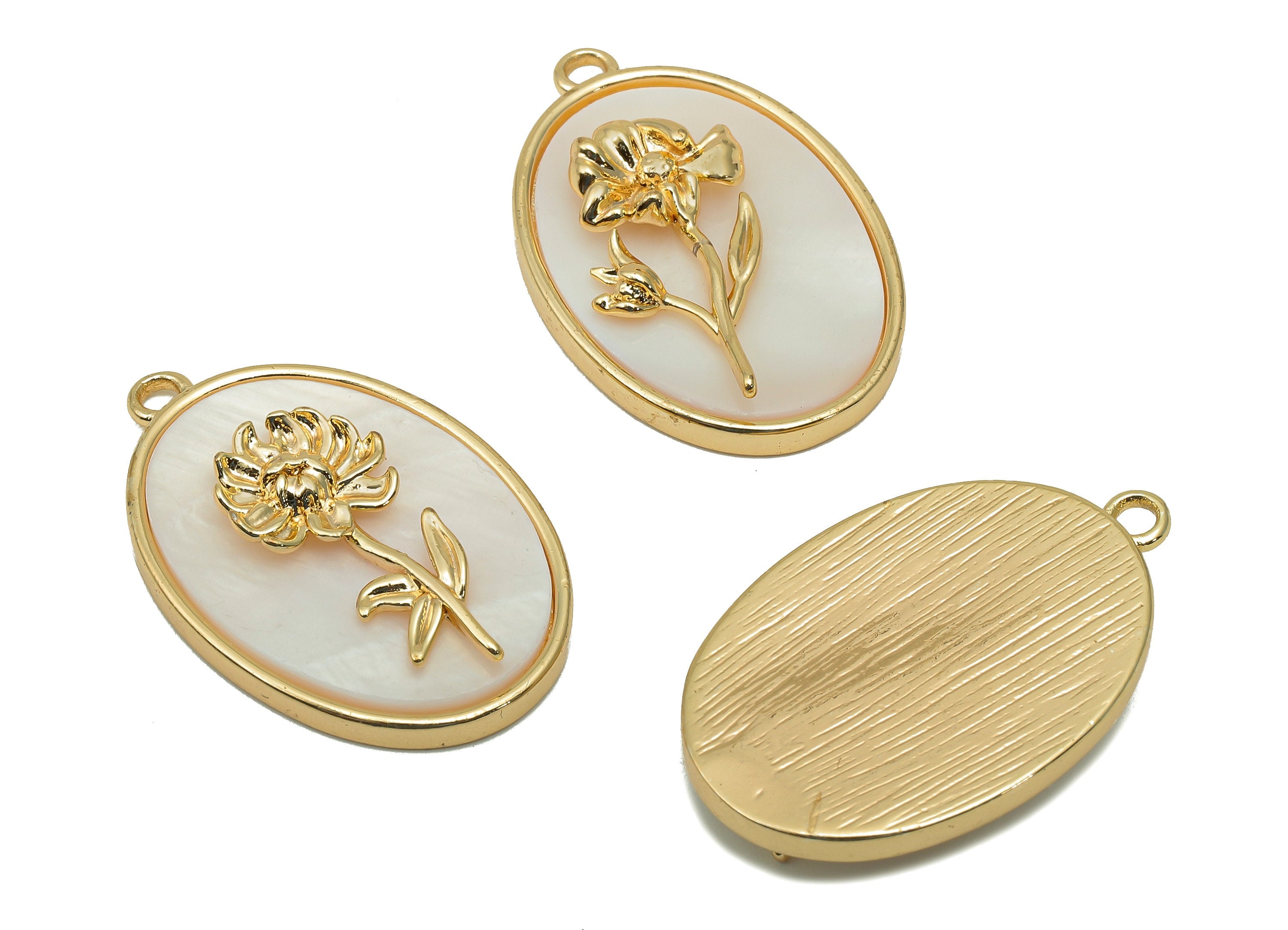 Brass Flower Shell Oval Earring - Pearl Drop Marigold Pendant - Necklace Charm With Loop - 18K Real Gold Plating - 27.1x17.8x4.3mm -RGP5647K - DOMEDBAZAAR