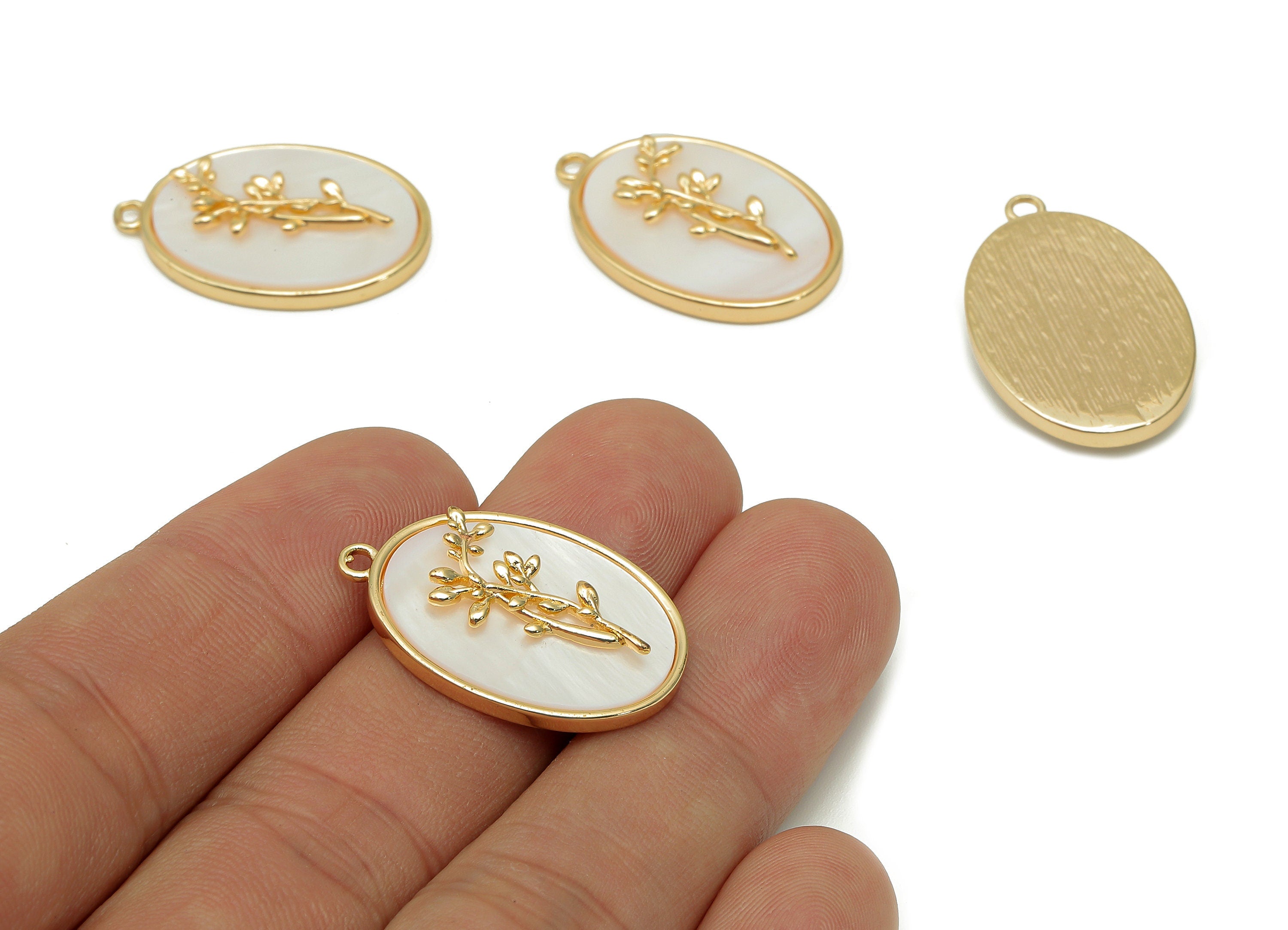 Brass Flower Shell Oval Earring - Pearl Drop Holly Pendant - Necklace Charm With Loop - 18K Real Gold Plating - 27.1x17.8x4.3mm - RGP5647M - DOMEDBAZAAR