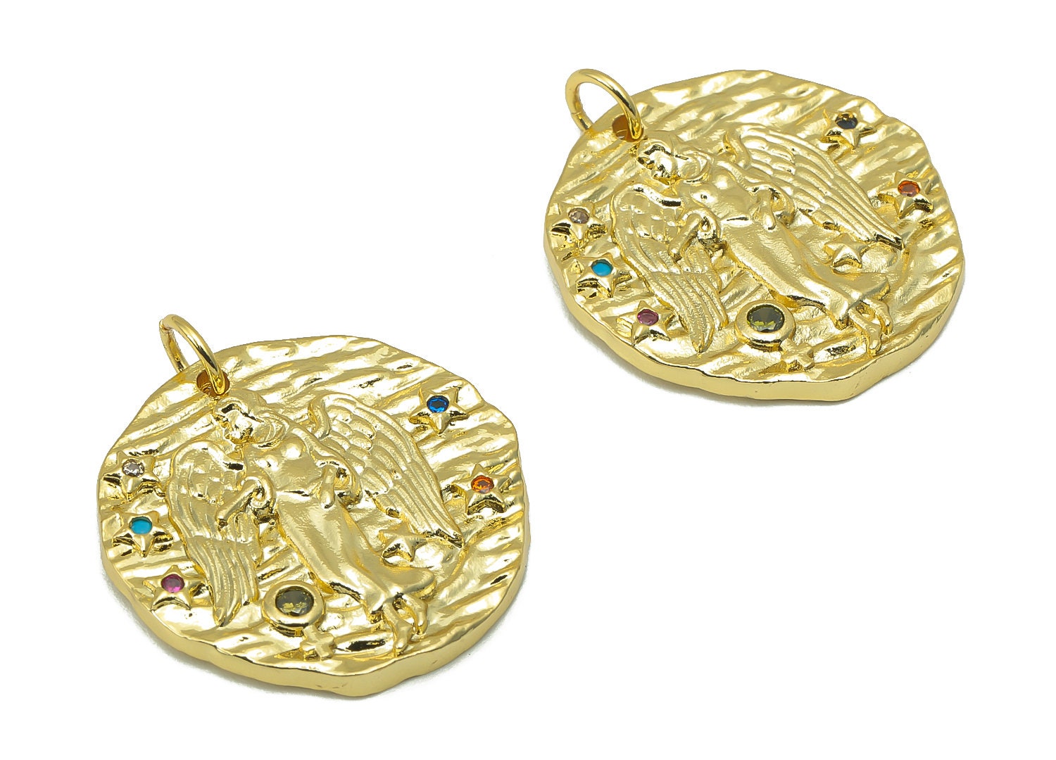 Brass Horoscope Round Charm - CZ Virgo Earring Charm - Zodiac Necklace Pendant With Loop - 18K Real Gold Plating - 24.1x21x2mm - RGP5815D - DOMEDBAZAAR