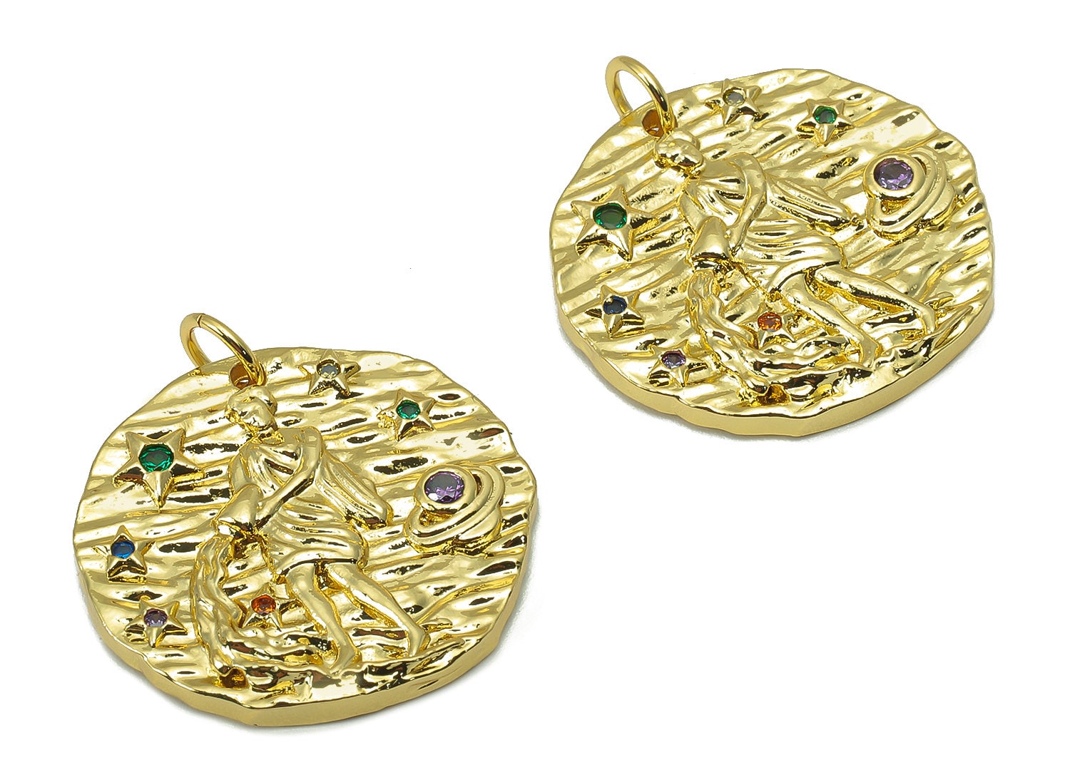 Brass Horoscope Round Charm - CZ Aquarius Earring Charm - Zodiac Necklace Pendant With Loop - 18K Real Gold Plating - 24.1x21x2mm - RGP5815E - DOMEDBAZAAR