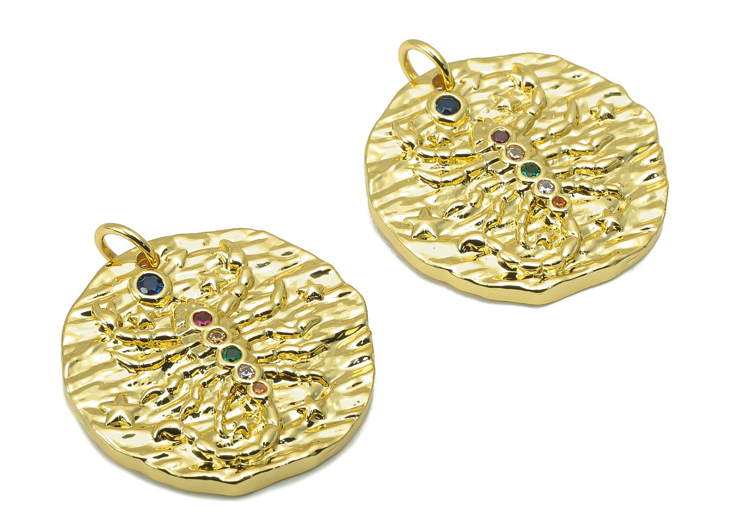 Brass Horoscope Round Charm - CZ Scorpio Earring Charm - Zodiac Necklace Pendant With Loop - 18K Real Gold Plating - 24.1x21x2mm - RGP5815F - DOMEDBAZAAR