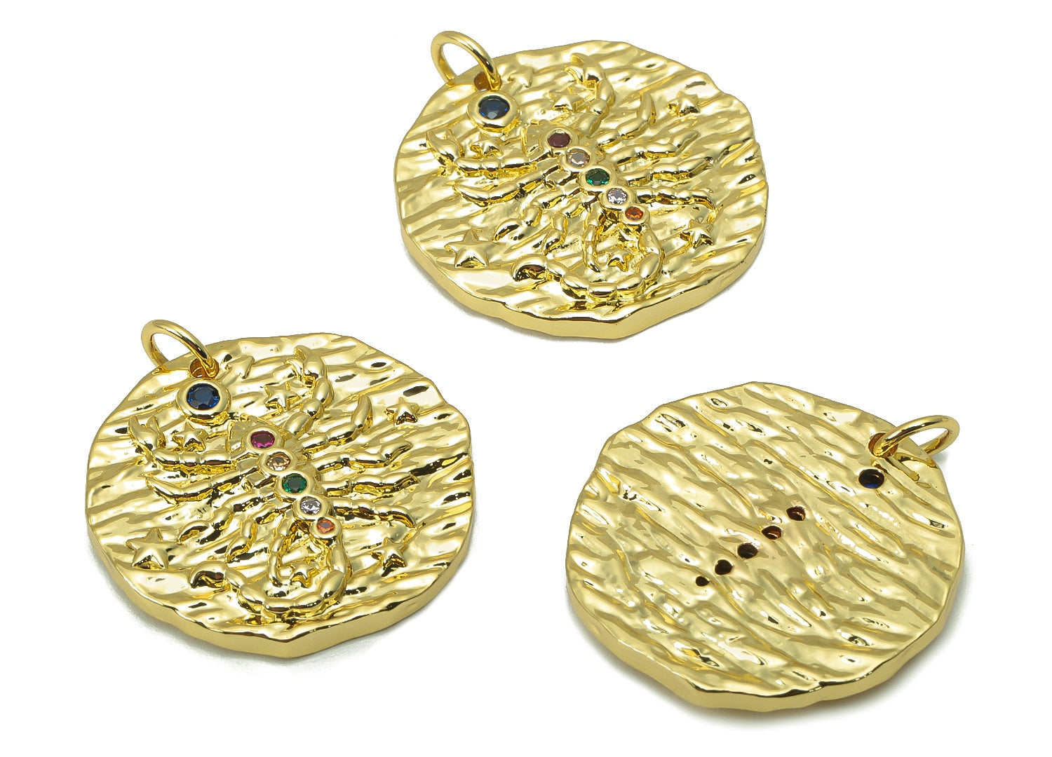 Brass Horoscope Round Charm - CZ Scorpio Earring Charm - Zodiac Necklace Pendant With Loop - 18K Real Gold Plating - 24.1x21x2mm - RGP5815F - DOMEDBAZAAR