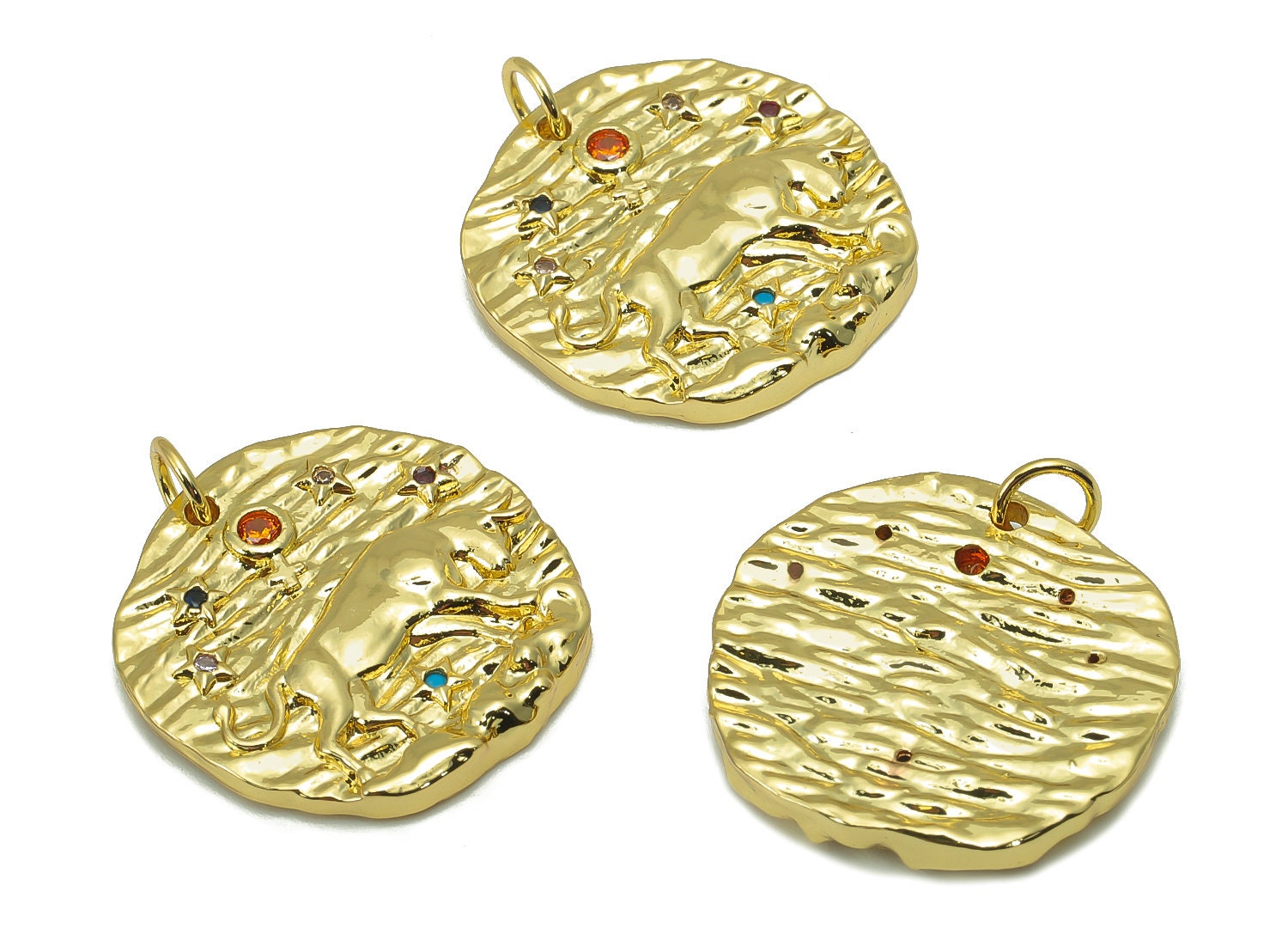 Brass Horoscope Round Charm - CZ Taurus Earring Charm - Zodiac Necklace Pendant With Loop - 18K Real Gold Plating - 24.1x21x2mm - RGP5815G - DOMEDBAZAAR