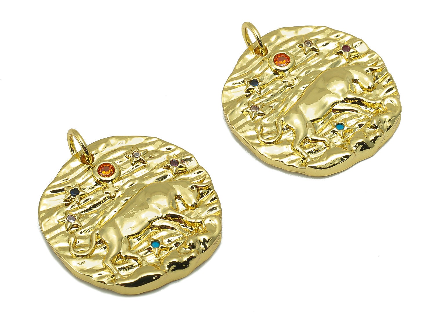 Brass Horoscope Round Charm - CZ Taurus Earring Charm - Zodiac Necklace Pendant With Loop - 18K Real Gold Plating - 24.1x21x2mm - RGP5815G - DOMEDBAZAAR