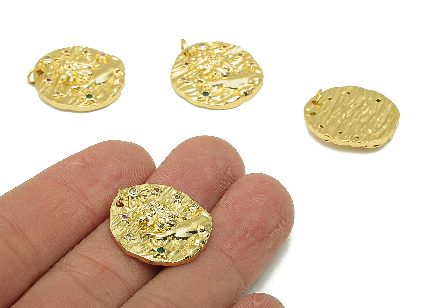 Brass Horoscope Round Charm - CZ Leo Earring Charm - Zodiac Necklace Pendant With Loop - 18K Real Gold Plating - 24.1x21x2mm - RGP5815J - DOMEDBAZAAR