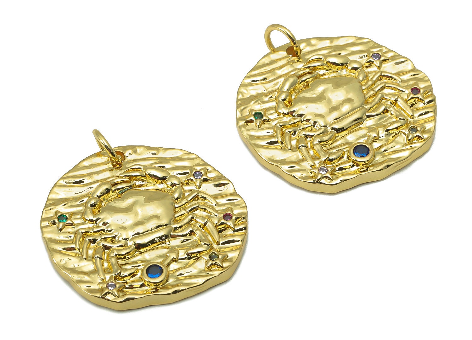 Brass Horoscope Round Charm - CZ Cancer Earring Charm - Zodiac Necklace Pendant With Loop - 18K Real Gold Plating - 24.1x21x2mm - RGP5815K - DOMEDBAZAAR
