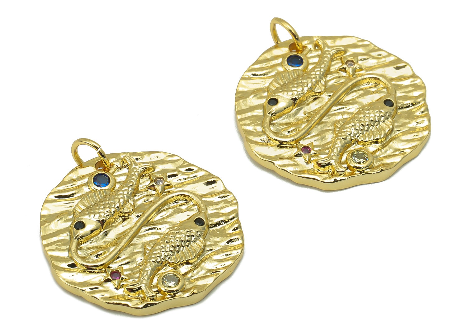 Brass Horoscope Round Charm - CZ Pisces Earring Charm - Zodiac Necklace Pendant With Loop - 18K Real Gold Plating - 24.1x21x2mm - RGP5815L - DOMEDBAZAAR