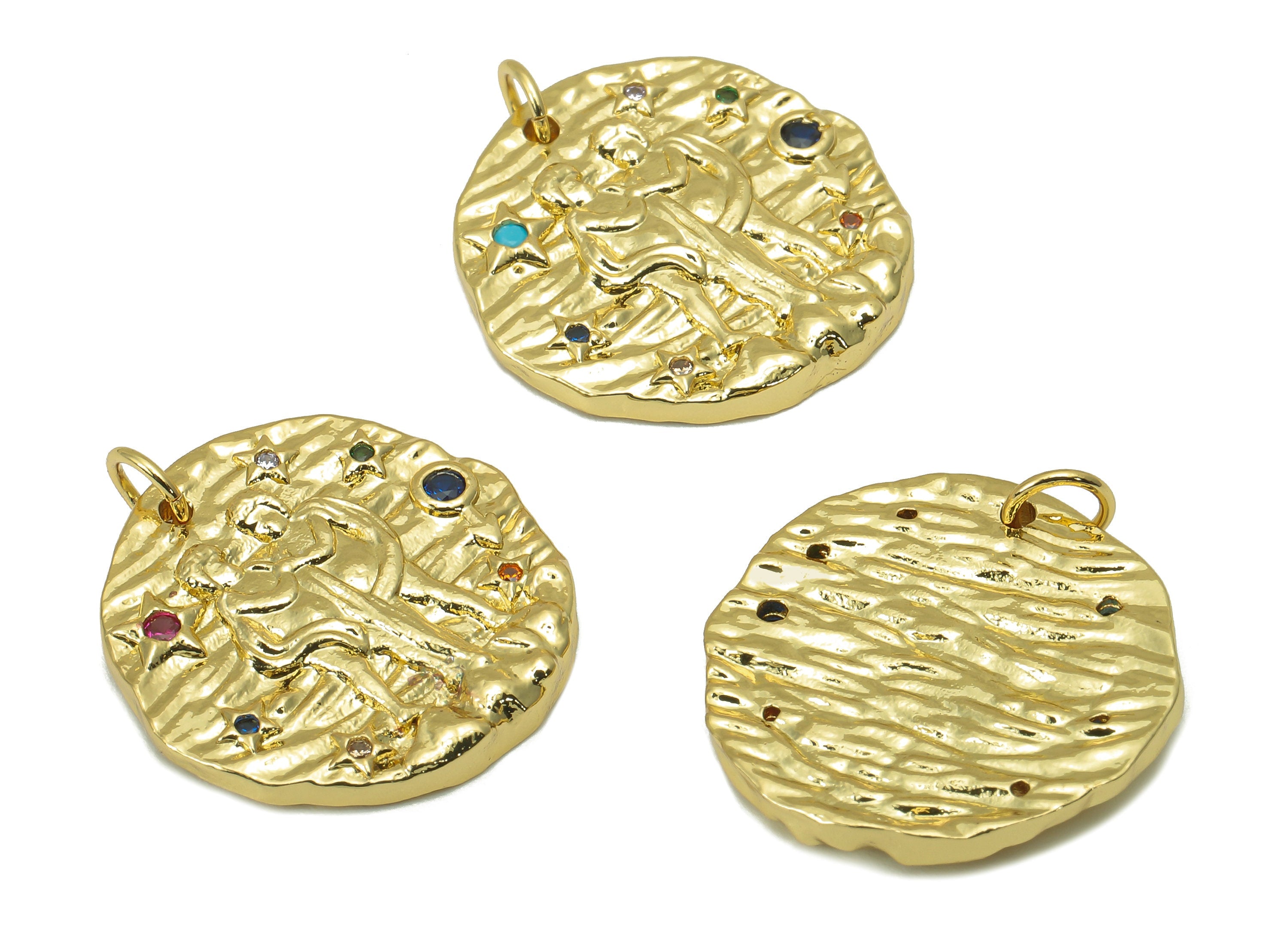 Brass Horoscope Round Charm - CZ Gemini Earring Charm - Zodiac Necklace Pendant With Loop - 18K Real Gold Plating - 24.1x21x2mm - RGP5815B - DOMEDBAZAAR
