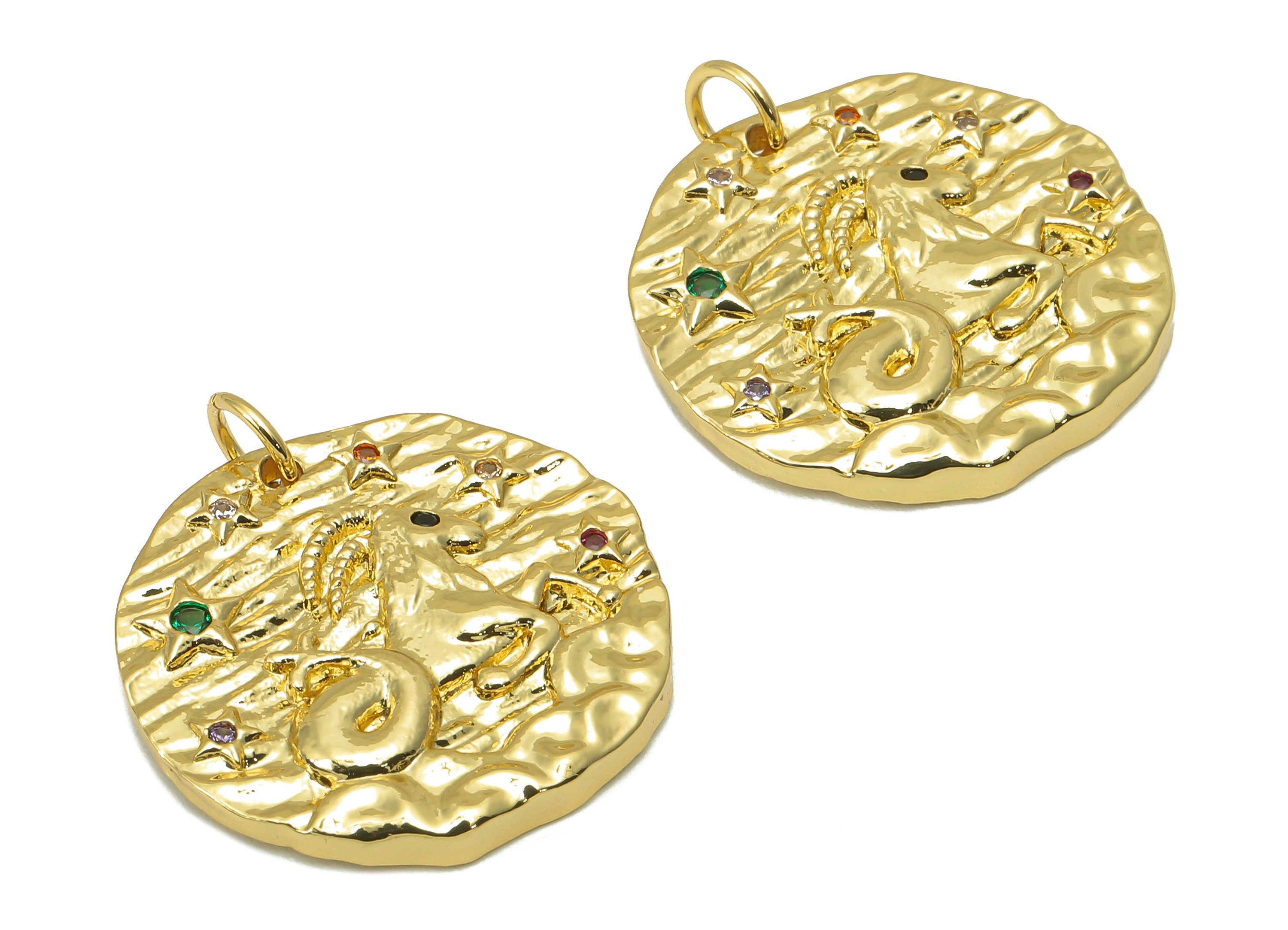 Brass Horoscope Round Charm - CZ Capricorn Earring Charm - Zodiac Necklace Pendant With Loop - 18K Real Gold Plating - 24.1x21x2mm -RGP5815C - DOMEDBAZAAR