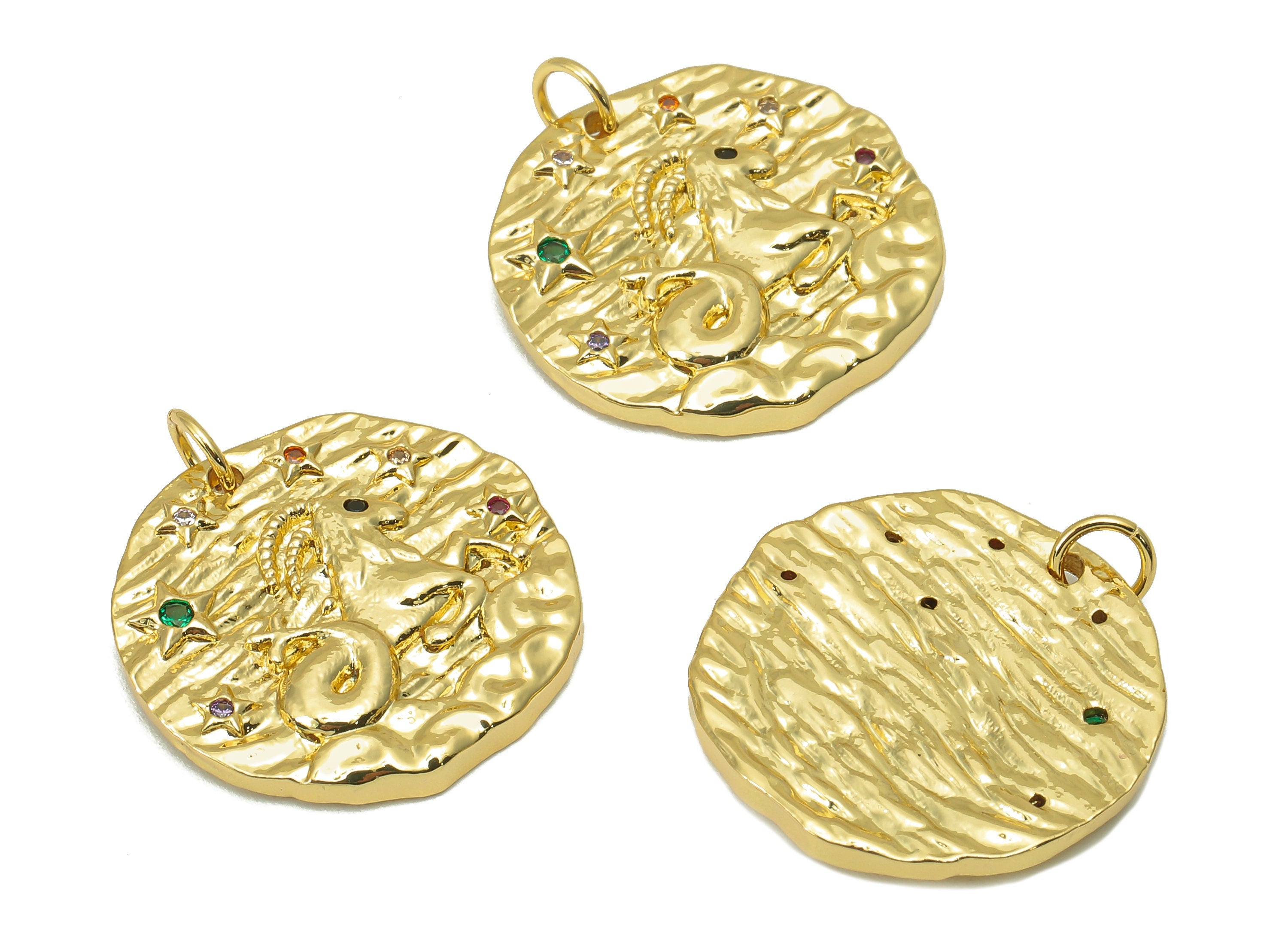 Brass Horoscope Round Charm - CZ Capricorn Earring Charm - Zodiac Necklace Pendant With Loop - 18K Real Gold Plating - 24.1x21x2mm -RGP5815C - DOMEDBAZAAR