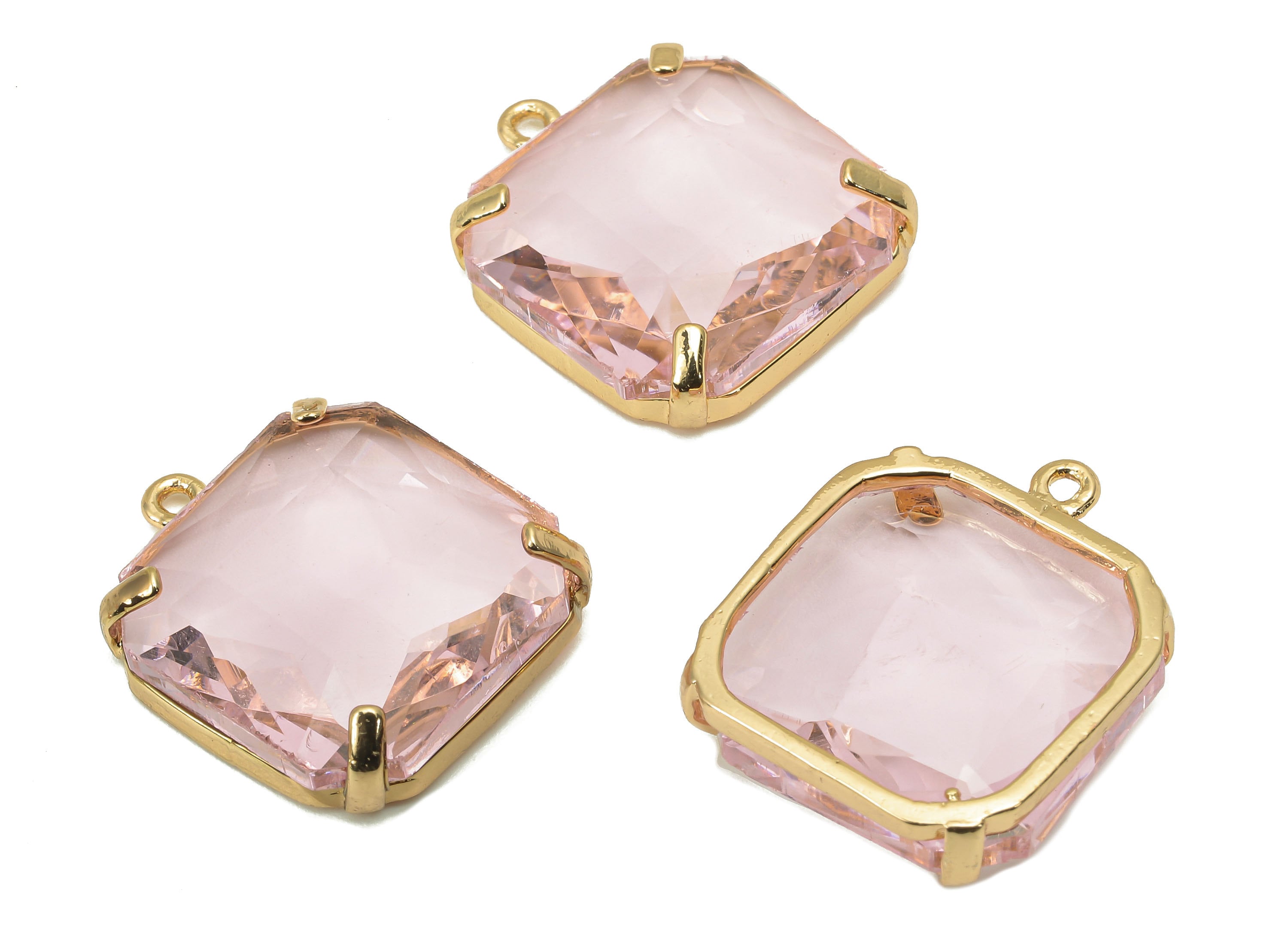 Brass Frame Pink Square Pendant - Square Earring Charm - Faceted Clear Pink Glass - Gold Tone Plating - 22.4x18.5x5.8mm - GS1152B - DOMEDBAZAAR