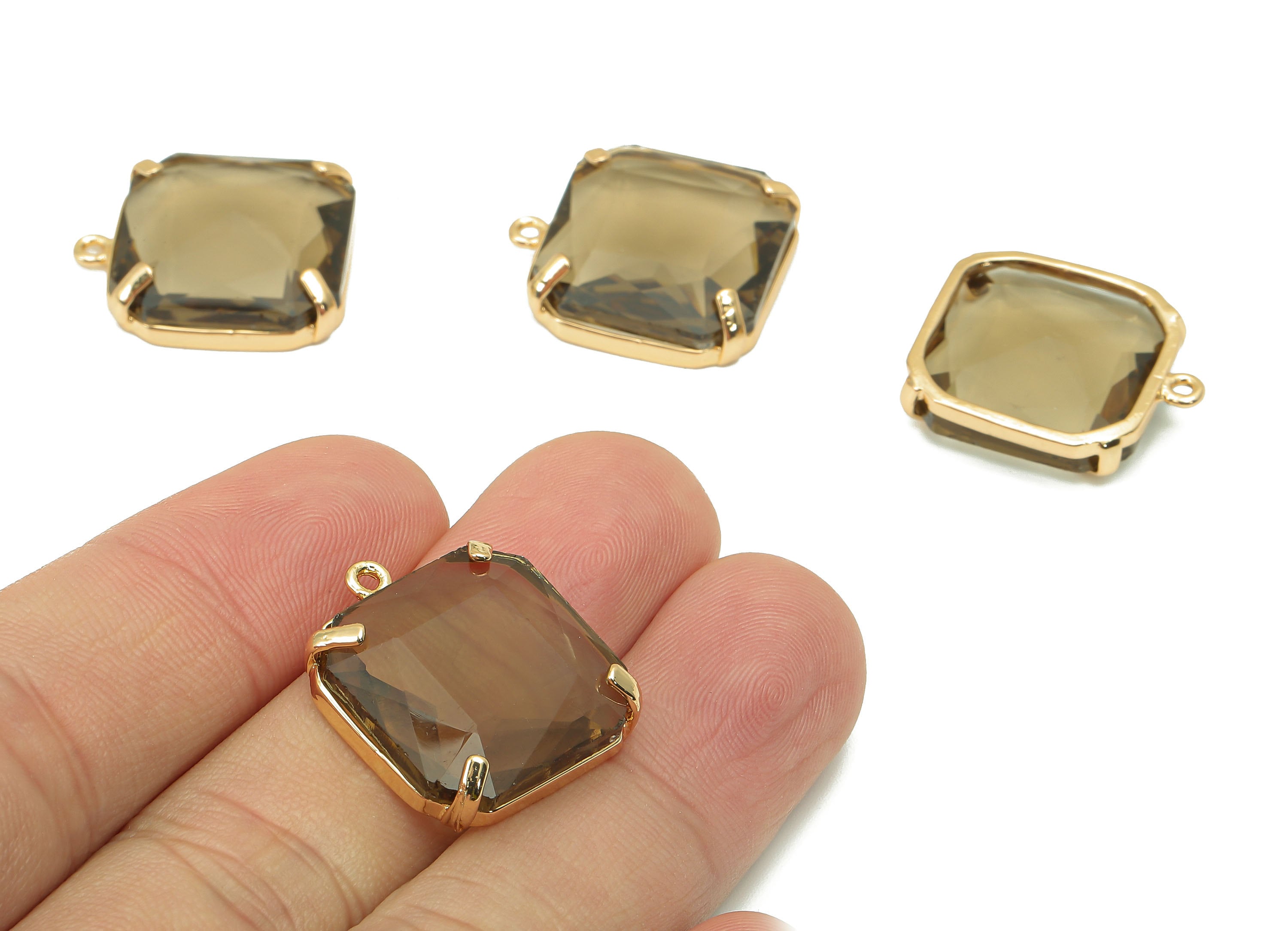 Brass Frame Black Square Pendant - Square Earring Charm - Faceted Clear Black Glass - Gold Tone Plating - 22.4x18.5x5.8mm - GS1152C - DOMEDBAZAAR