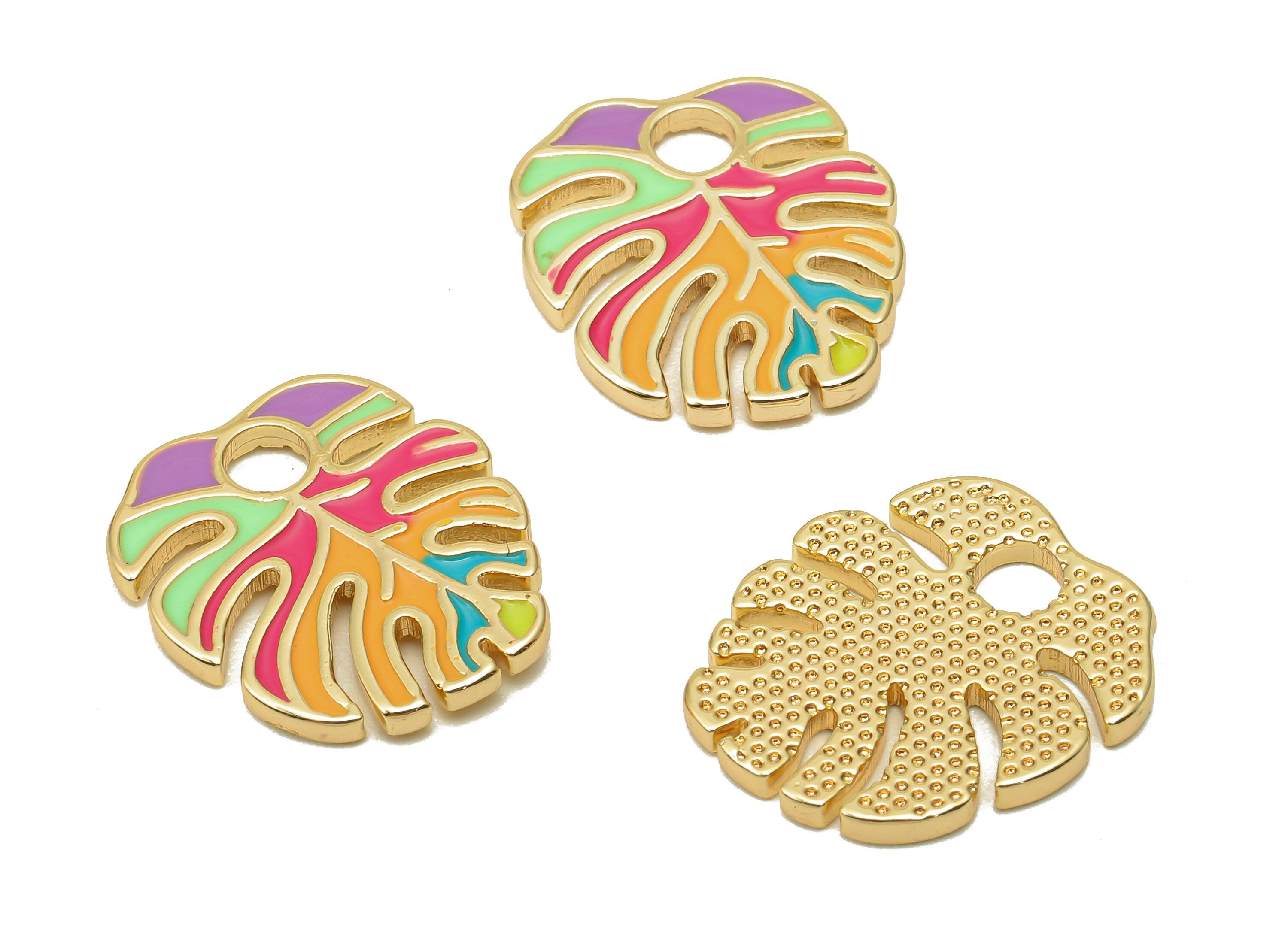 Brass Monstera Leaf Charms - Colorful Enamel Dot Leaves Earring - Spot Botanical Pendant - 18K Real Gold Plating - 18.6x15.9x1.6mm -RGP5648A - DOMEDBAZAAR