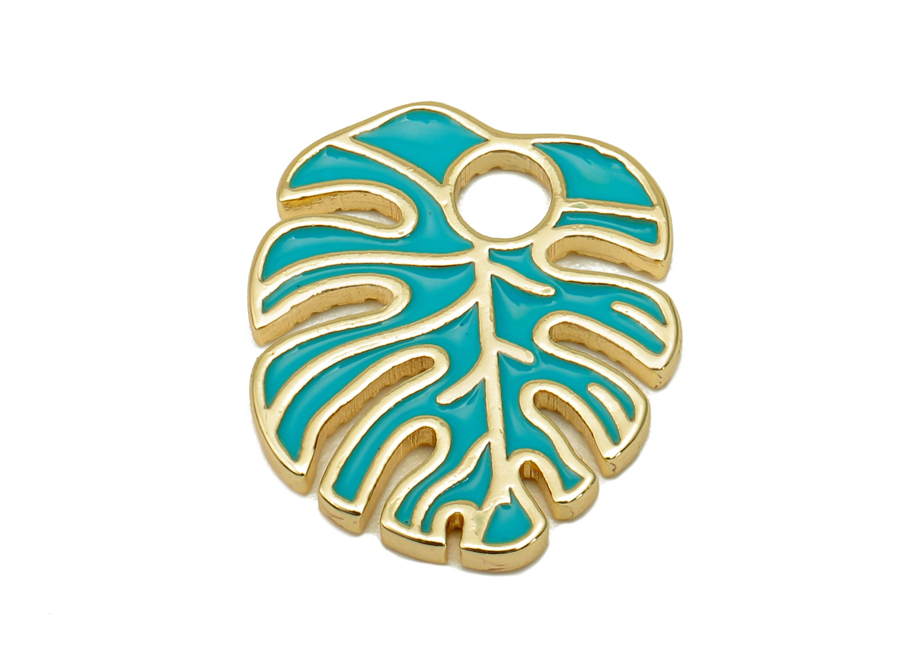 Brass Monstera Leaf Charms - Blue Enamel Dot Leaves Earring - Spot Botanical Pendant - 18K Real Gold Plating - 18.6x15.9x1.6mm -RGP5648B - DOMEDBAZAAR