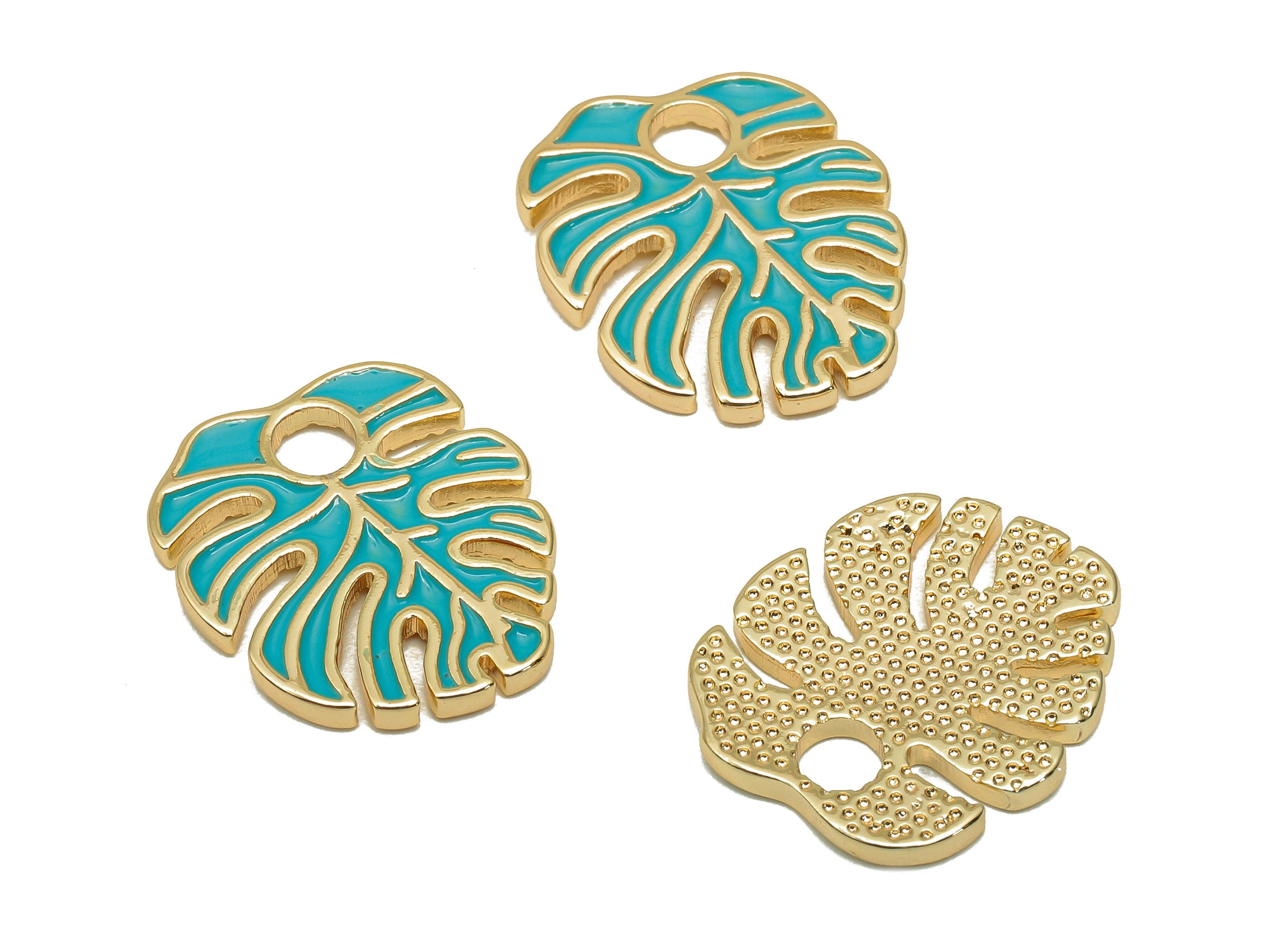 Brass Monstera Leaf Charms - Blue Enamel Dot Leaves Earring - Spot Botanical Pendant - 18K Real Gold Plating - 18.6x15.9x1.6mm -RGP5648B - DOMEDBAZAAR