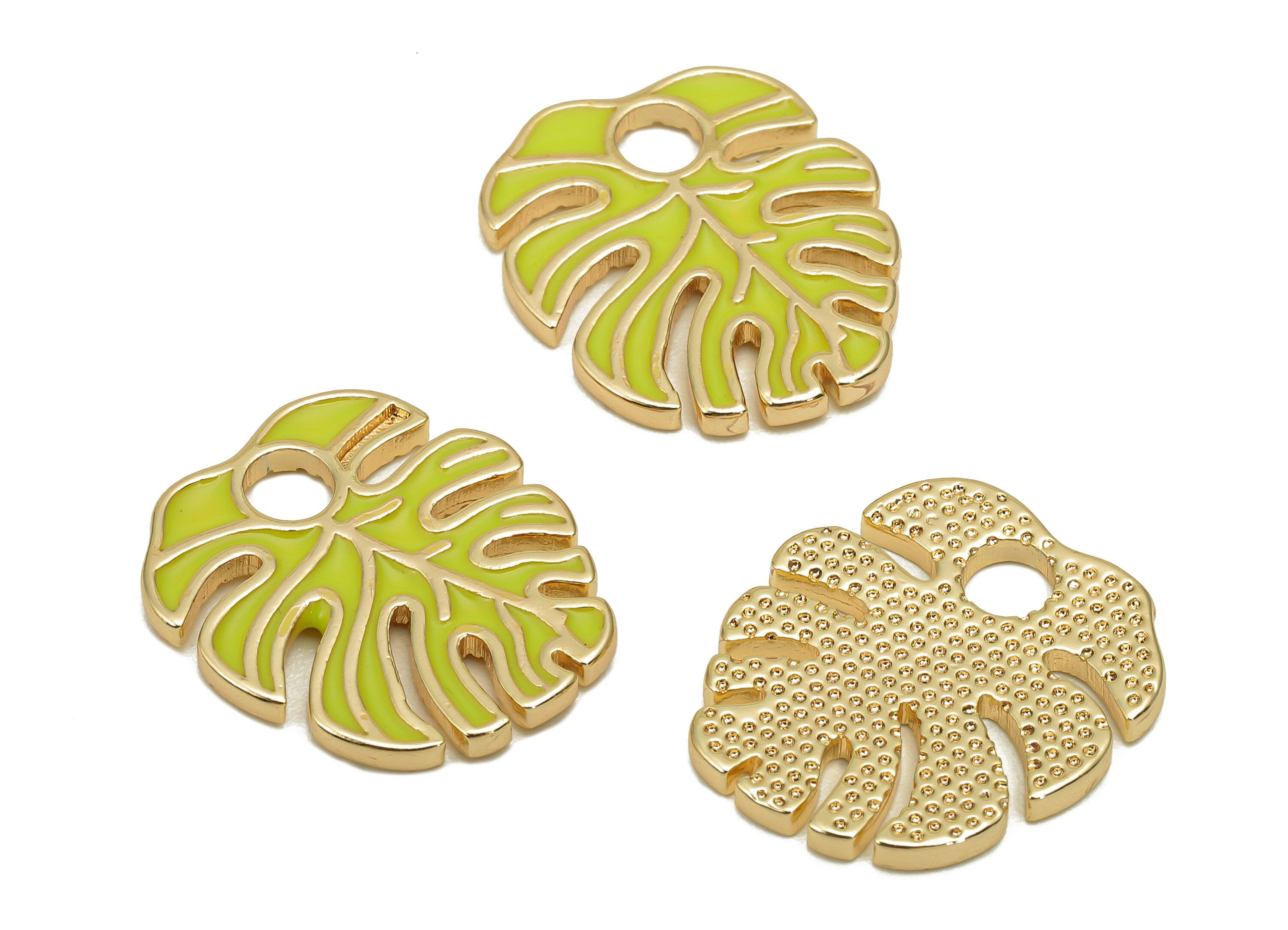 Brass Monstera Leaf Charms - Yellow Enamel Dot Leaves Earring - Spot Botanical Pendant - 18K Real Gold Plating - 18.6x15.9x1.6mm - RGP5648E - DOMEDBAZAAR