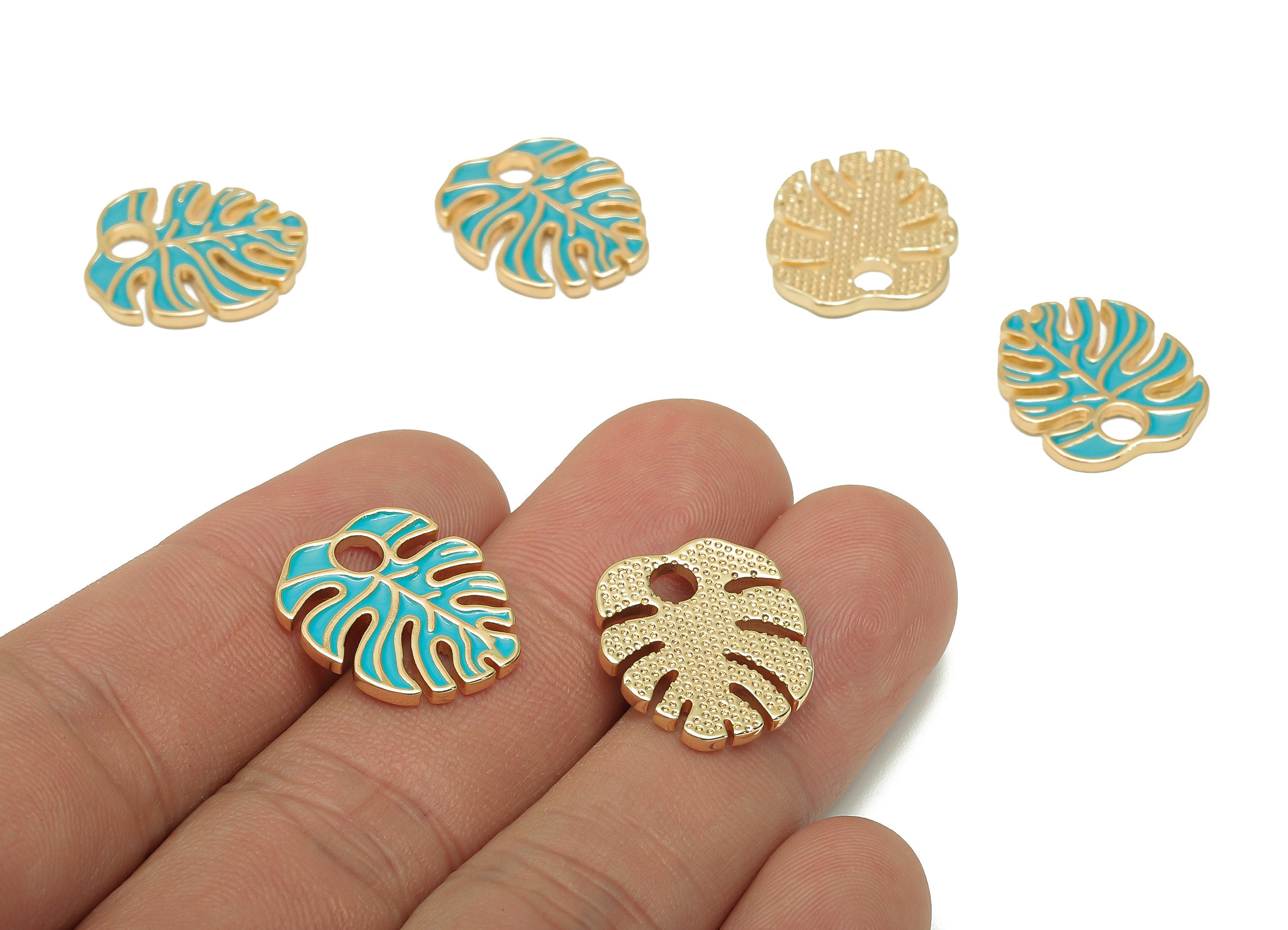 Brass Monstera Leaf Charms - Blue Enamel Dot Leaves Earring - Spot Botanical Pendant - 18K Real Gold Plating - 18.6x15.9x1.6mm -RGP5648B - DOMEDBAZAAR