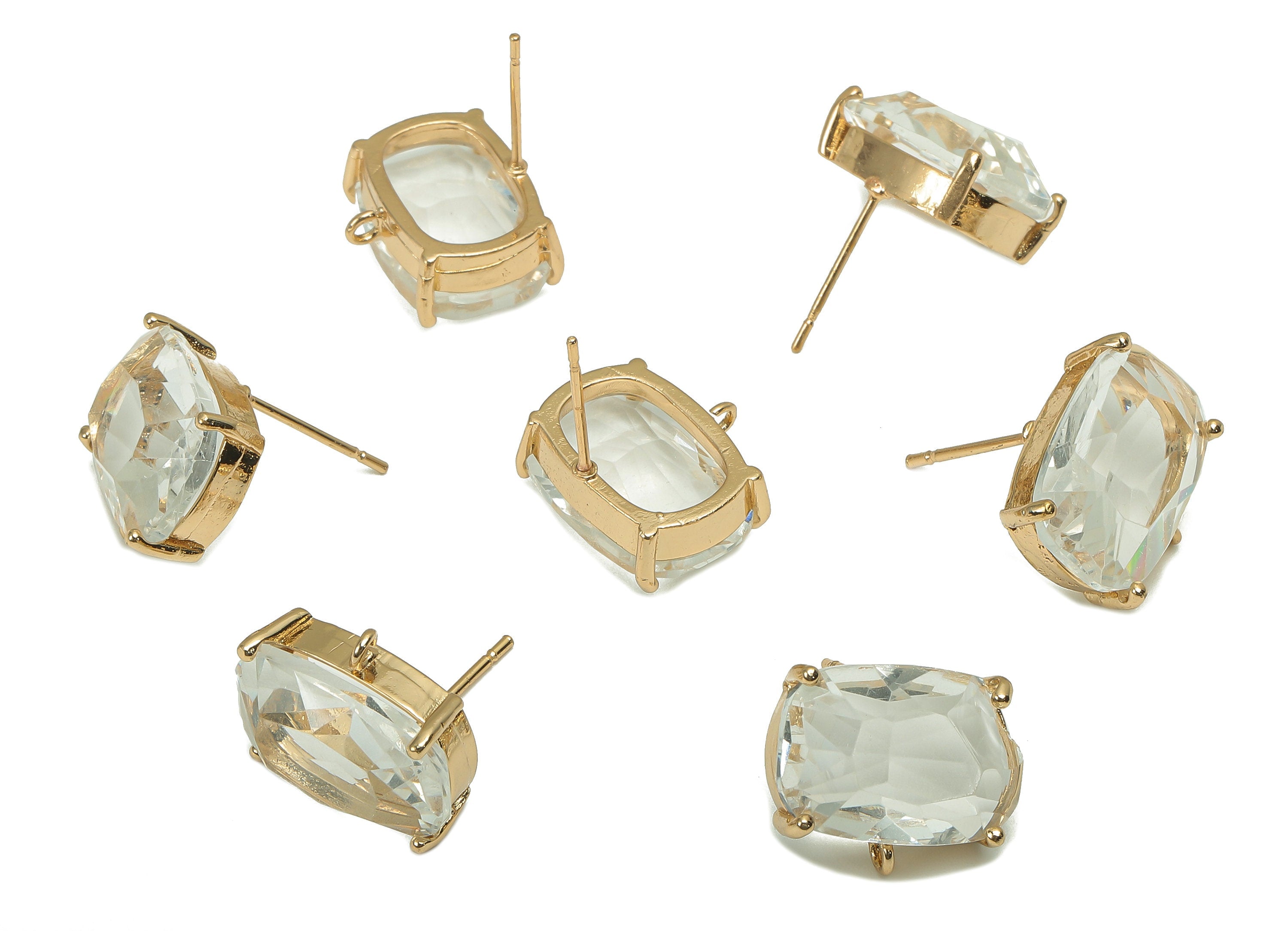 Brass Frame Transparent Rectangle Stud Earring - Faceted Clear Glass With Loop - Stainless Steel - Gold Tone Plating-15.9x13.7x6.5mm-GS1154A - DOMEDBAZAAR