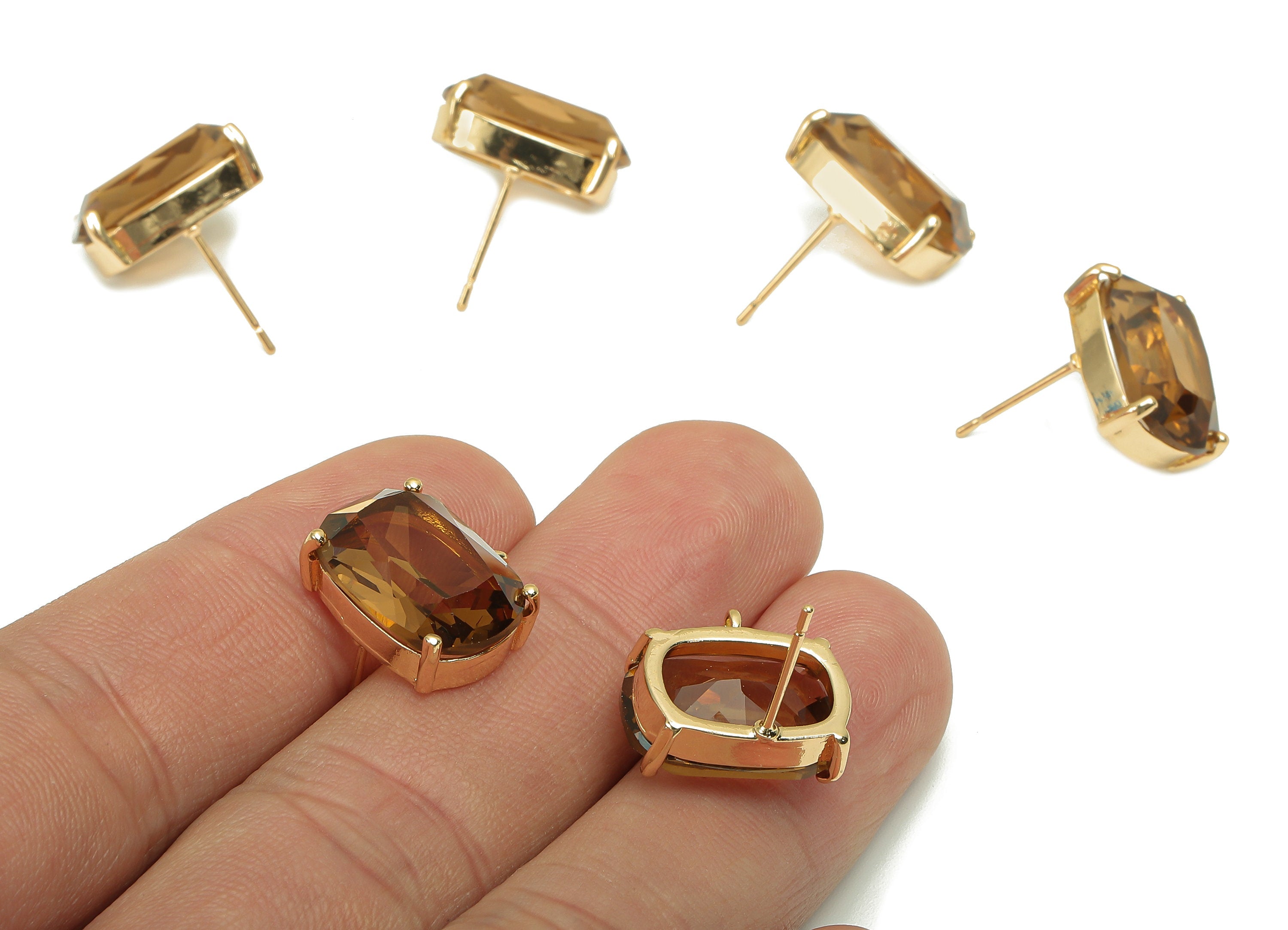 Brass Frame Rectangle Stud Earring - Faceted Clear Brown Glass With Loop - Stainless Steel - Gold Tone Plating - 15.9x13.7x6.5mm - GS1154B - DOMEDBAZAAR