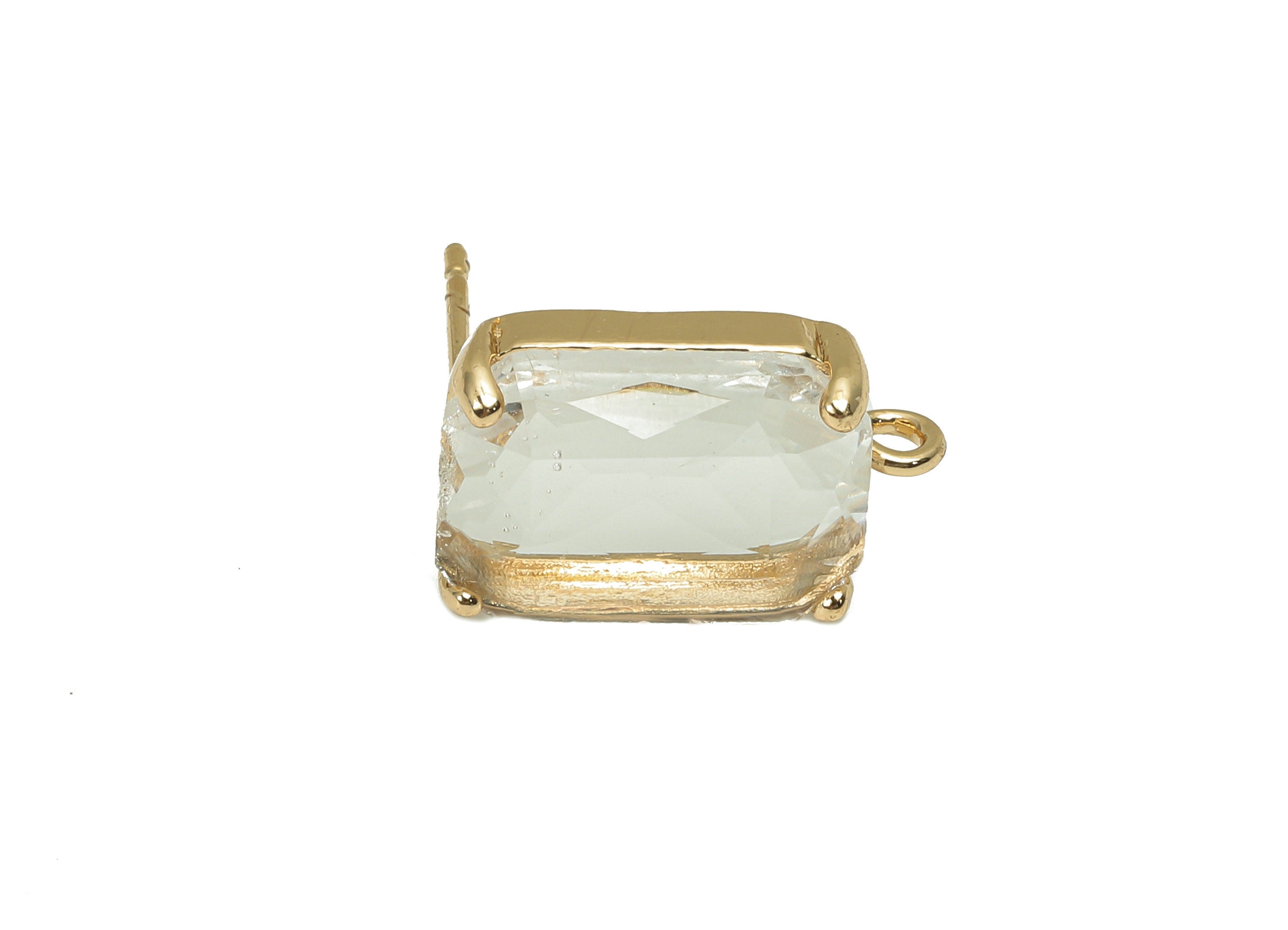 Brass Frame Transparent Rectangle Stud Earring - Faceted Clear Glass With Loop - Stainless Steel - Gold Tone Plating-16.5x10.3x5.2mm-GS1155A - DOMEDBAZAAR