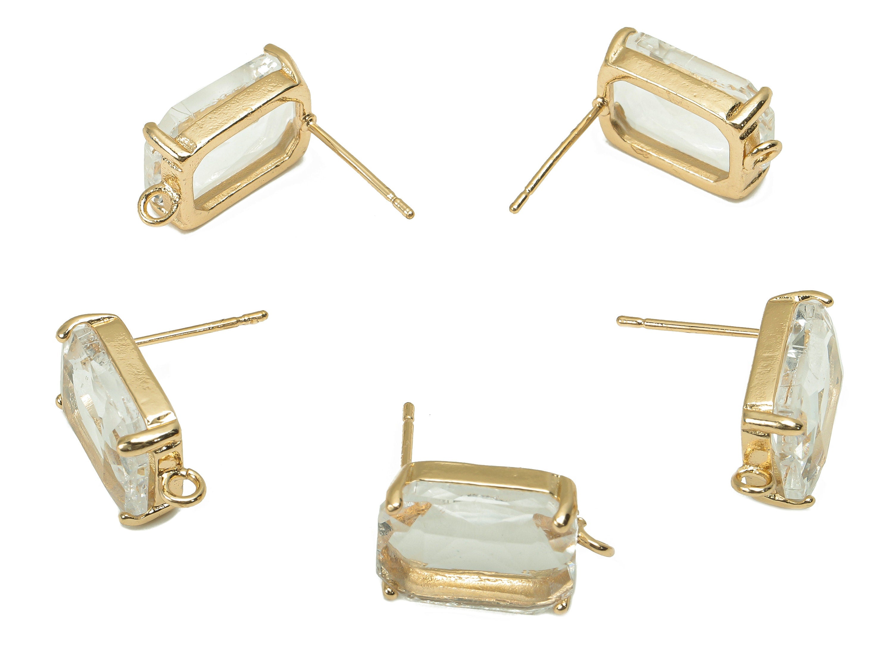 Brass Frame Transparent Rectangle Stud Earring - Faceted Clear Glass With Loop - Stainless Steel - Gold Tone Plating-16.5x10.3x5.2mm-GS1155A - DOMEDBAZAAR