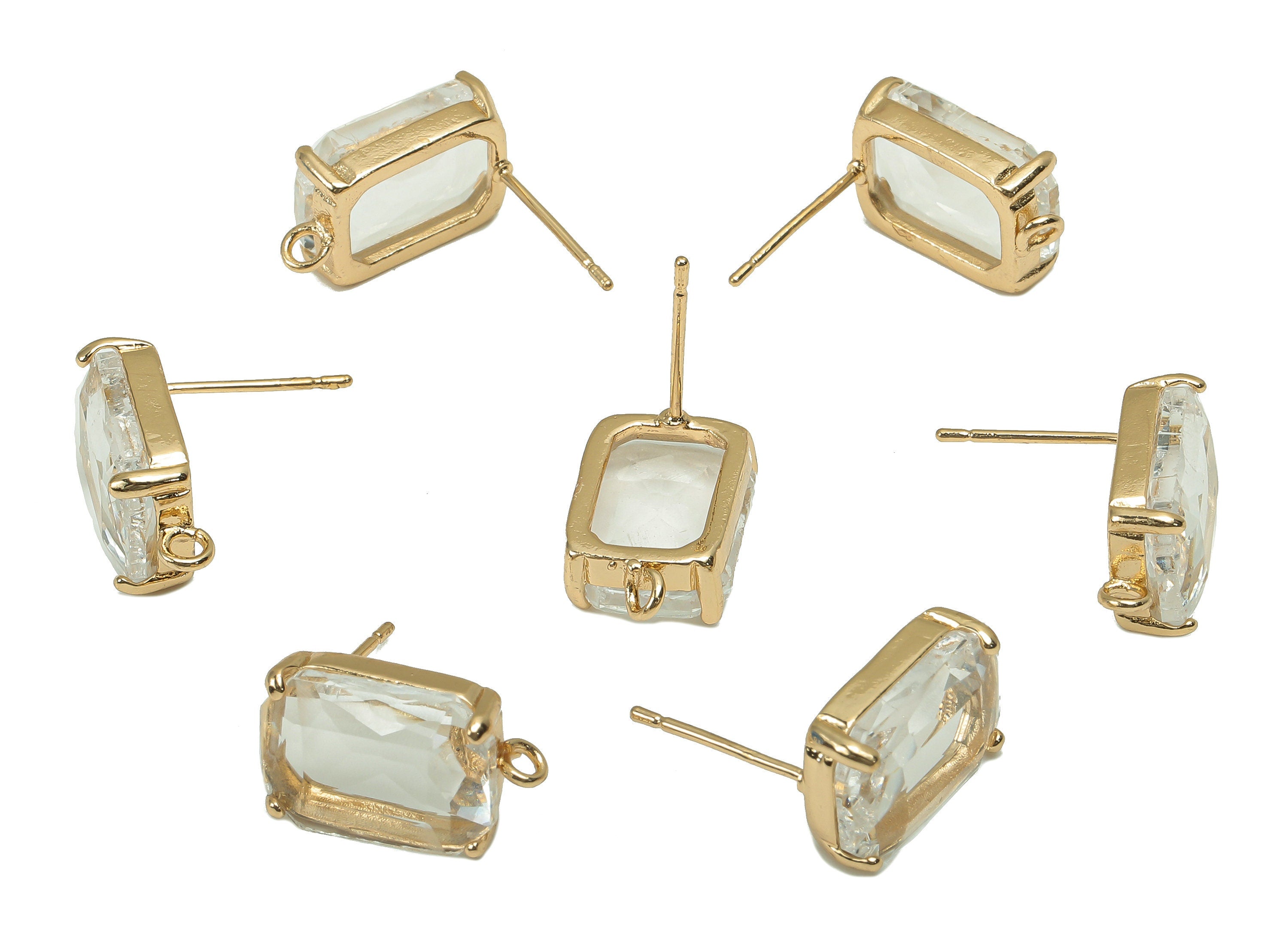 Brass Frame Transparent Rectangle Stud Earring - Faceted Clear Glass With Loop - Stainless Steel - Gold Tone Plating-16.5x10.3x5.2mm-GS1155A - DOMEDBAZAAR