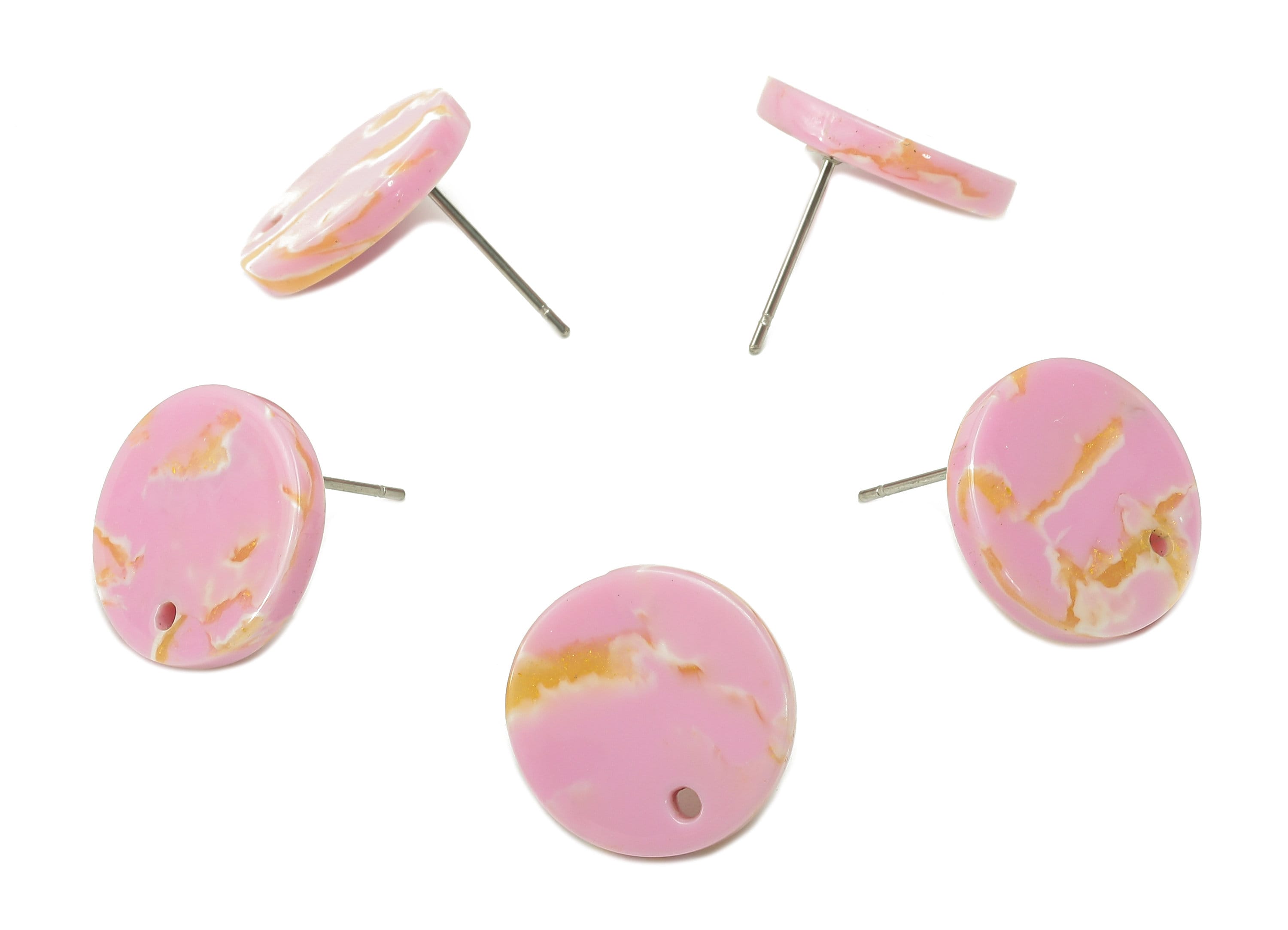 Acetate Pink Round Stud Earring - Circle Earrings Post With Hole - 316 Stainless Steel Stud - Color Code: A845 - 15.8x15.8x3mm - AC1385-A845 - DOMEDBAZAAR