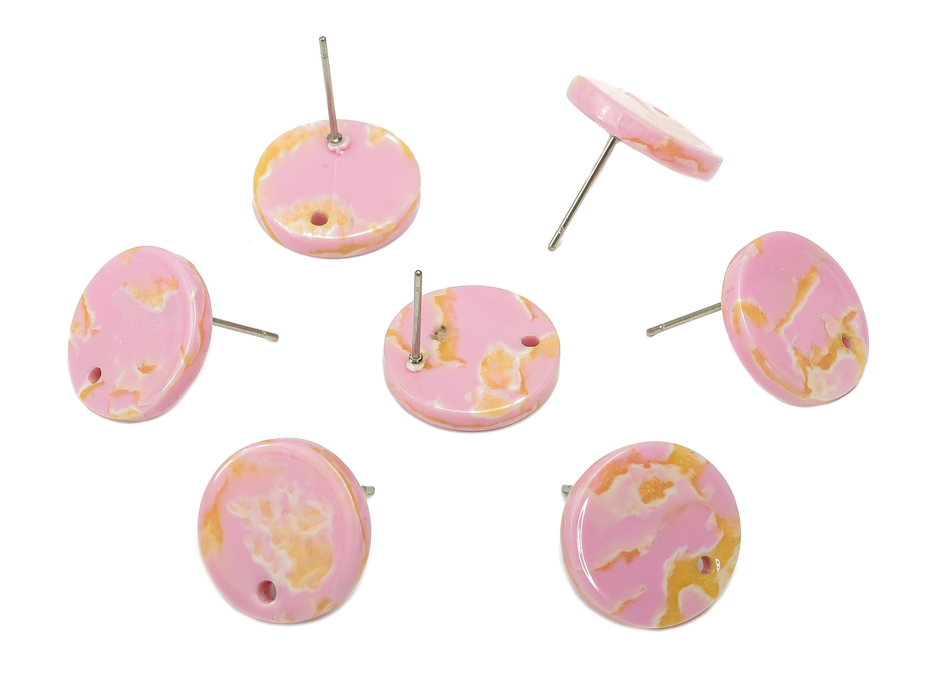Acetate Pink Round Stud Earring - Circle Earrings Post With Hole - 316 Stainless Steel Stud - Color Code: A845 - 15.8x15.8x3mm - AC1385-A845 - DOMEDBAZAAR