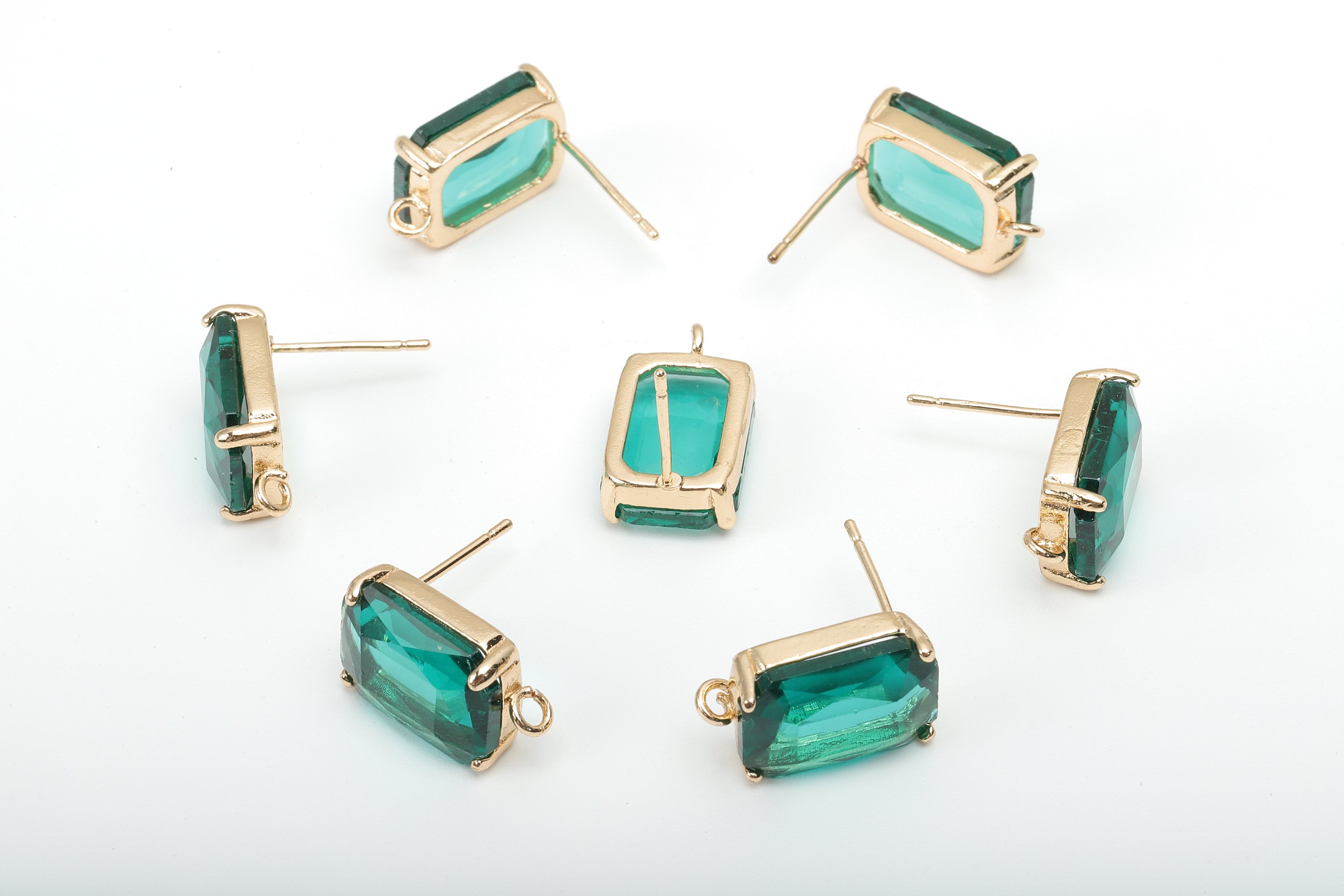 Brass Frame Rectangle Stud Earring - Faceted Clear Green Glass With Loop - Stainless Steel - Gold Tone Plating - 16.5x10.3x5.2mm - GS1155B - DOMEDBAZAAR