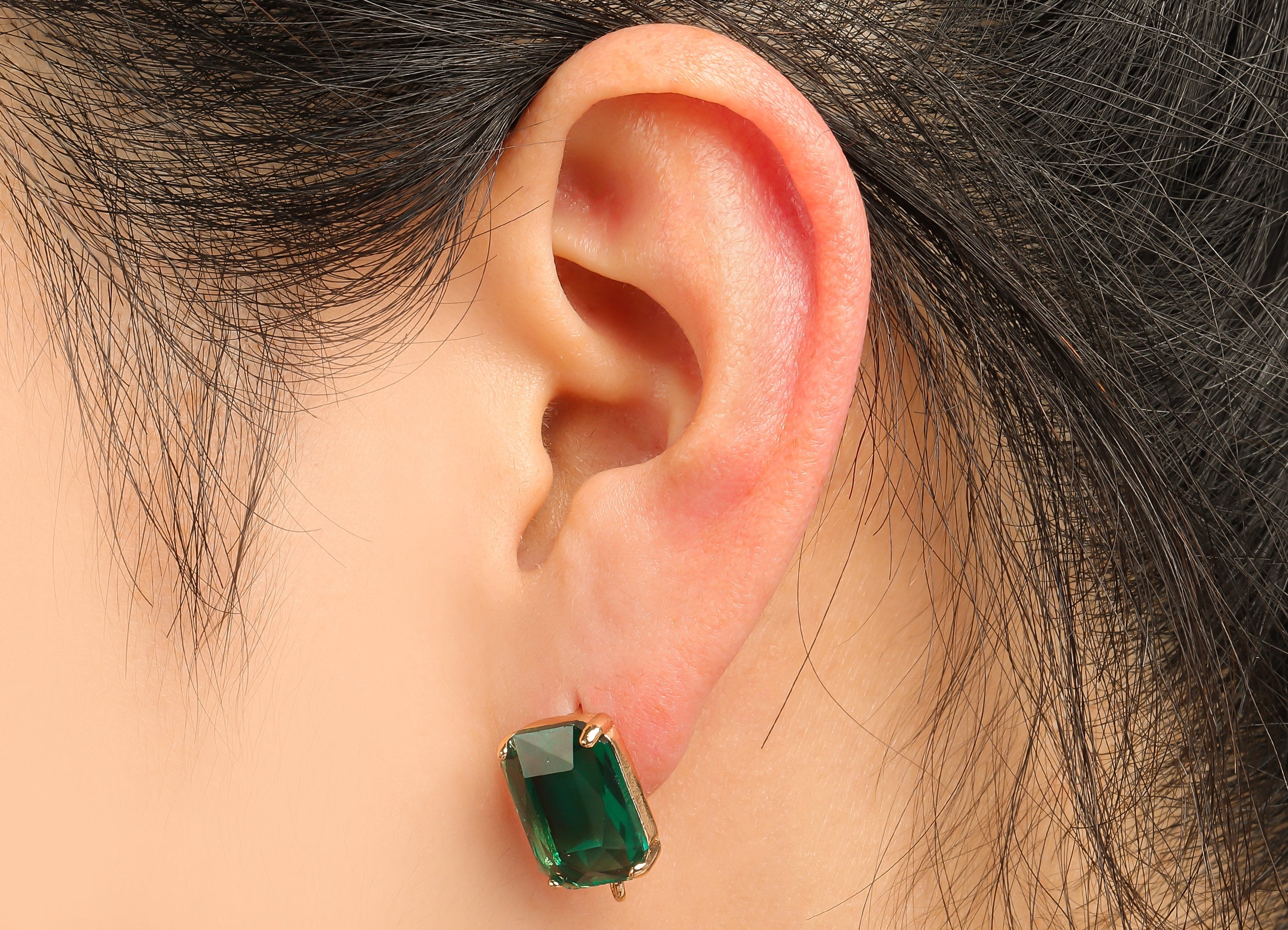 Brass Frame Rectangle Stud Earring - Faceted Clear Green Glass With Loop - Stainless Steel - Gold Tone Plating - 16.5x10.3x5.2mm - GS1155B - DOMEDBAZAAR