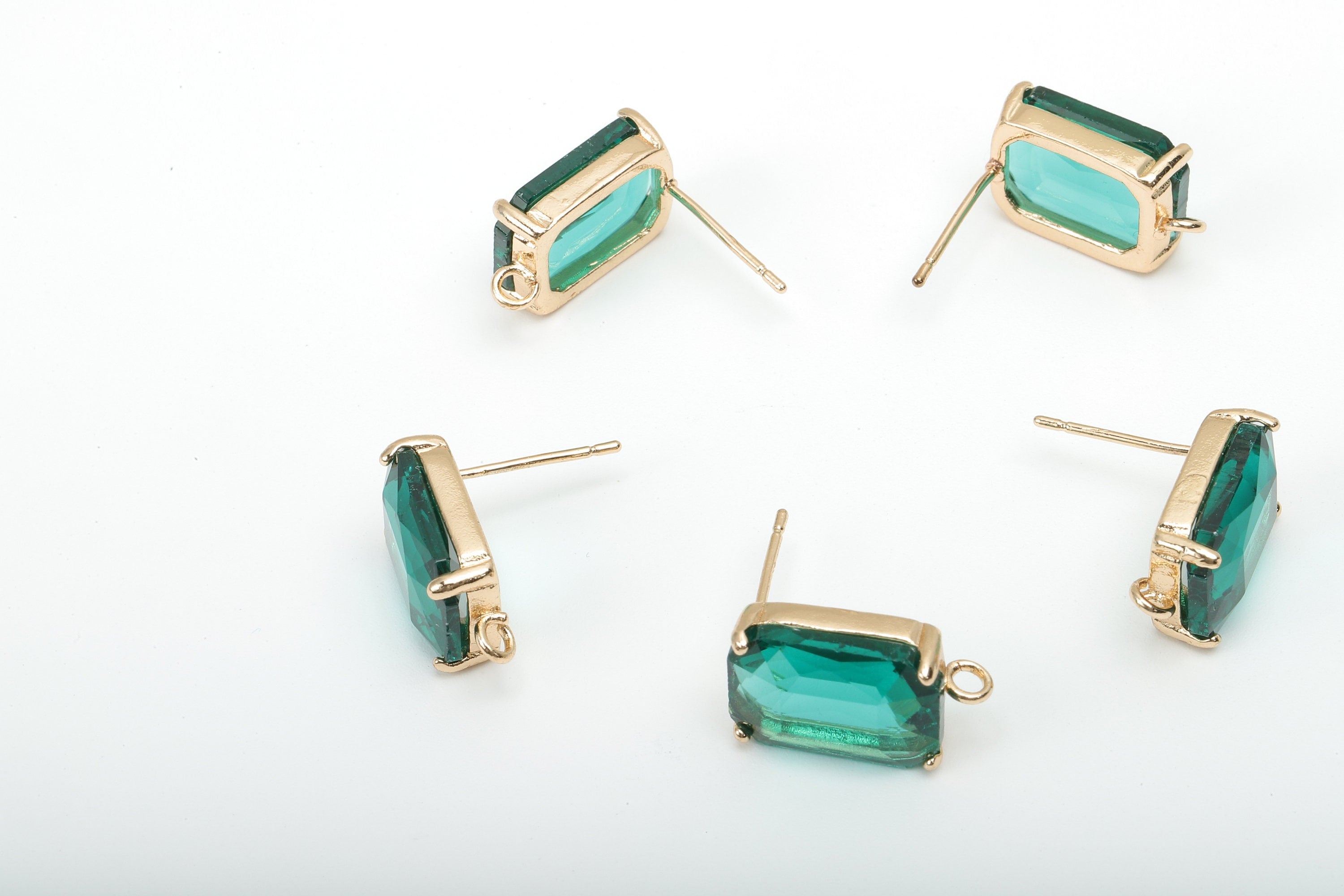 Brass Frame Rectangle Stud Earring - Faceted Clear Green Glass With Loop - Stainless Steel - Gold Tone Plating - 16.5x10.3x5.2mm - GS1155B - DOMEDBAZAAR