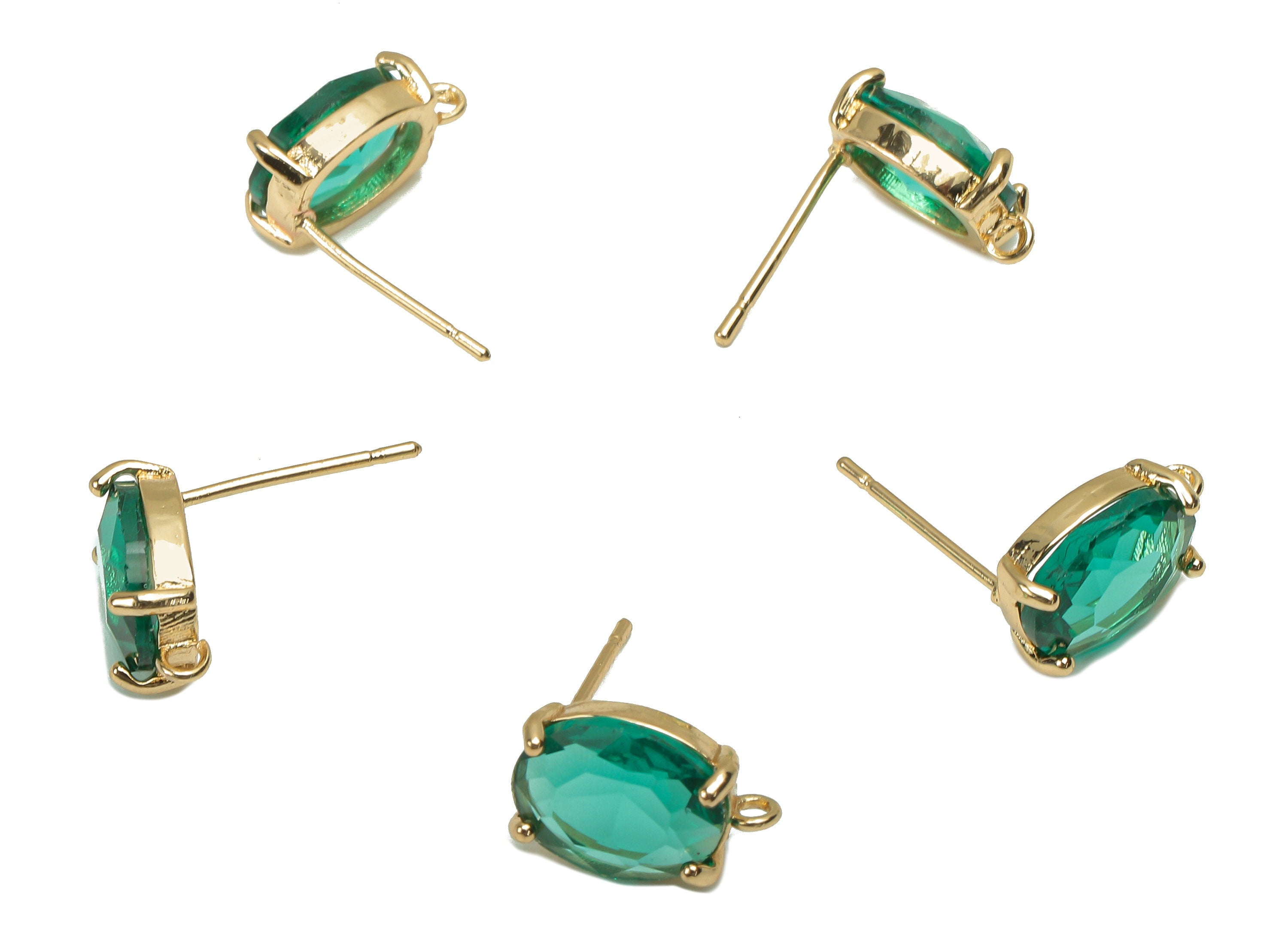 Brass Frame Oval Stud Earring - Faceted Clear Green Glass With Loop - Silver Stud - Gold Tone Plating - 12.2x8x4mm - GS1156A - DOMEDBAZAAR