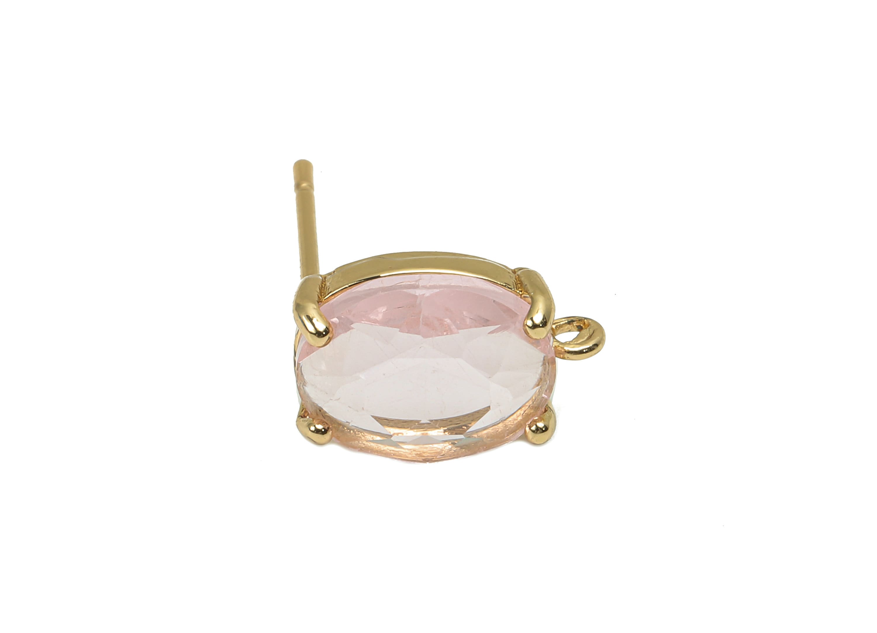 Brass Frame Oval Stud Earring - Faceted Clear Pink Glass With Loop - Silver Stud - Gold Tone Plating - 12.2x8x4mm - GS1156D - DOMEDBAZAAR