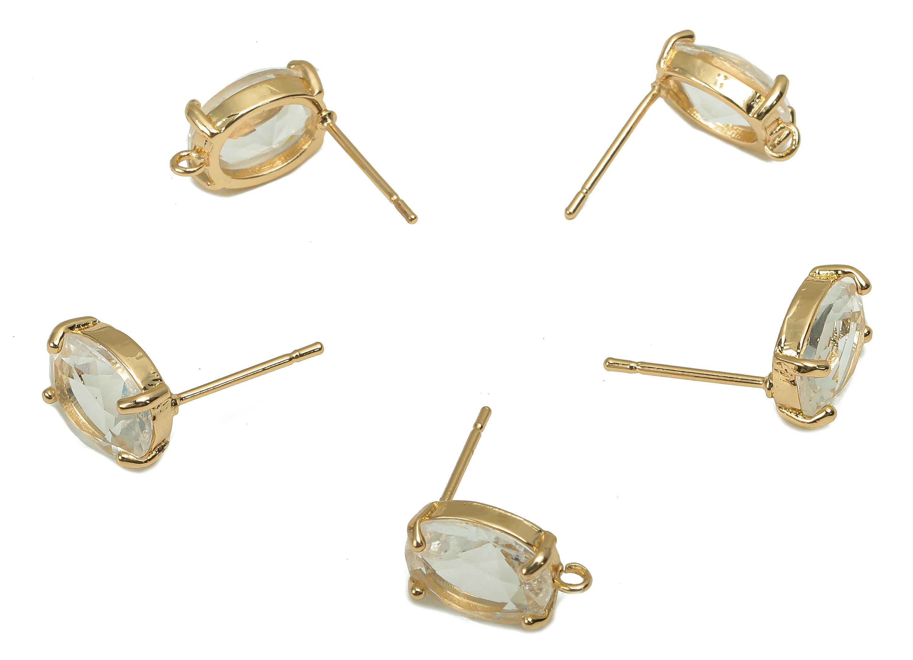 Brass Frame Transparent Oval Stud Earring - Faceted Clear Glass With Loop - Silver Stud - Gold Tone Plating - 12.2x8x4mm - GS1156C - DOMEDBAZAAR