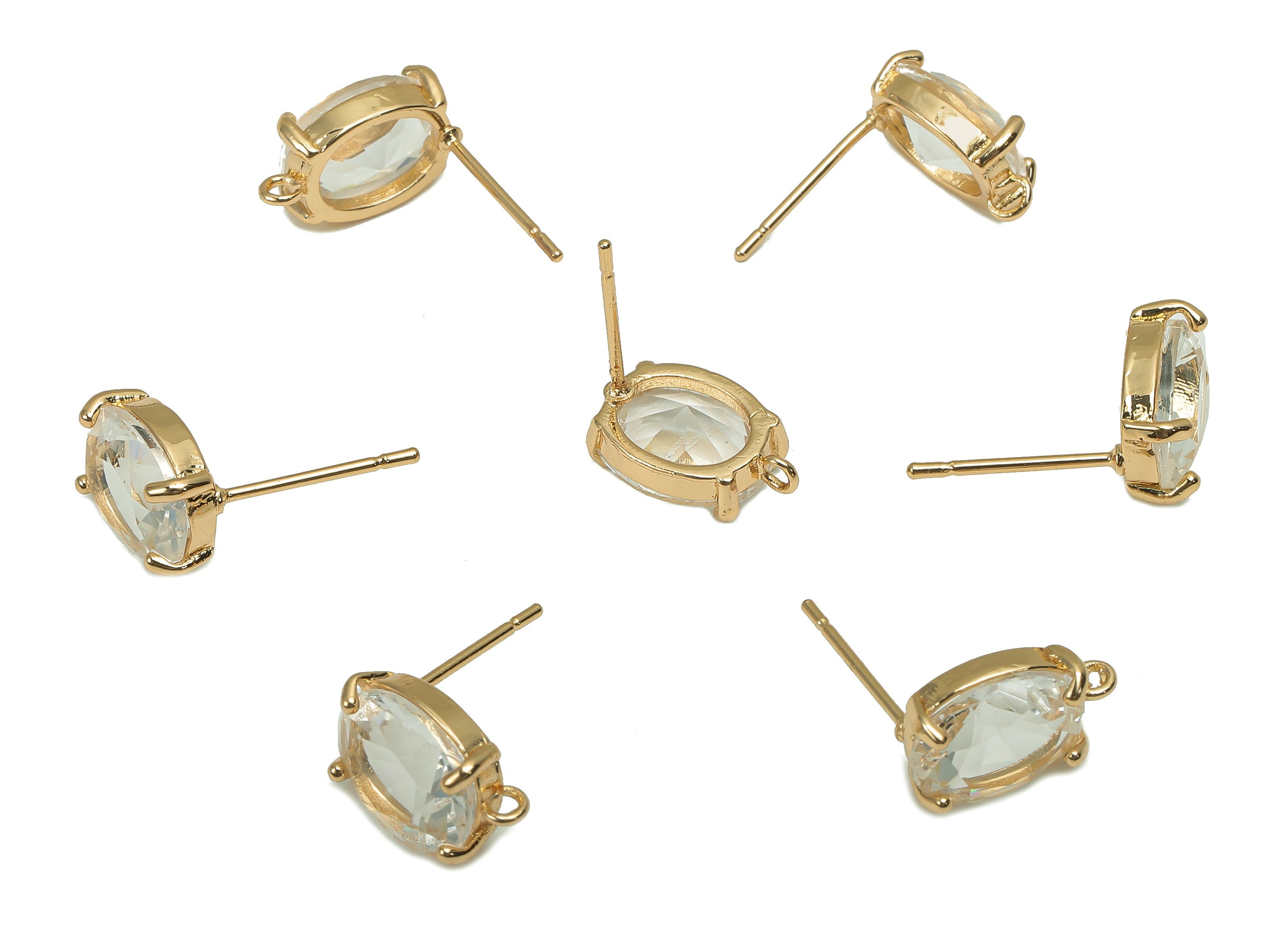 Brass Frame Transparent Oval Stud Earring - Faceted Clear Glass With Loop - Silver Stud - Gold Tone Plating - 12.2x8x4mm - GS1156C - DOMEDBAZAAR