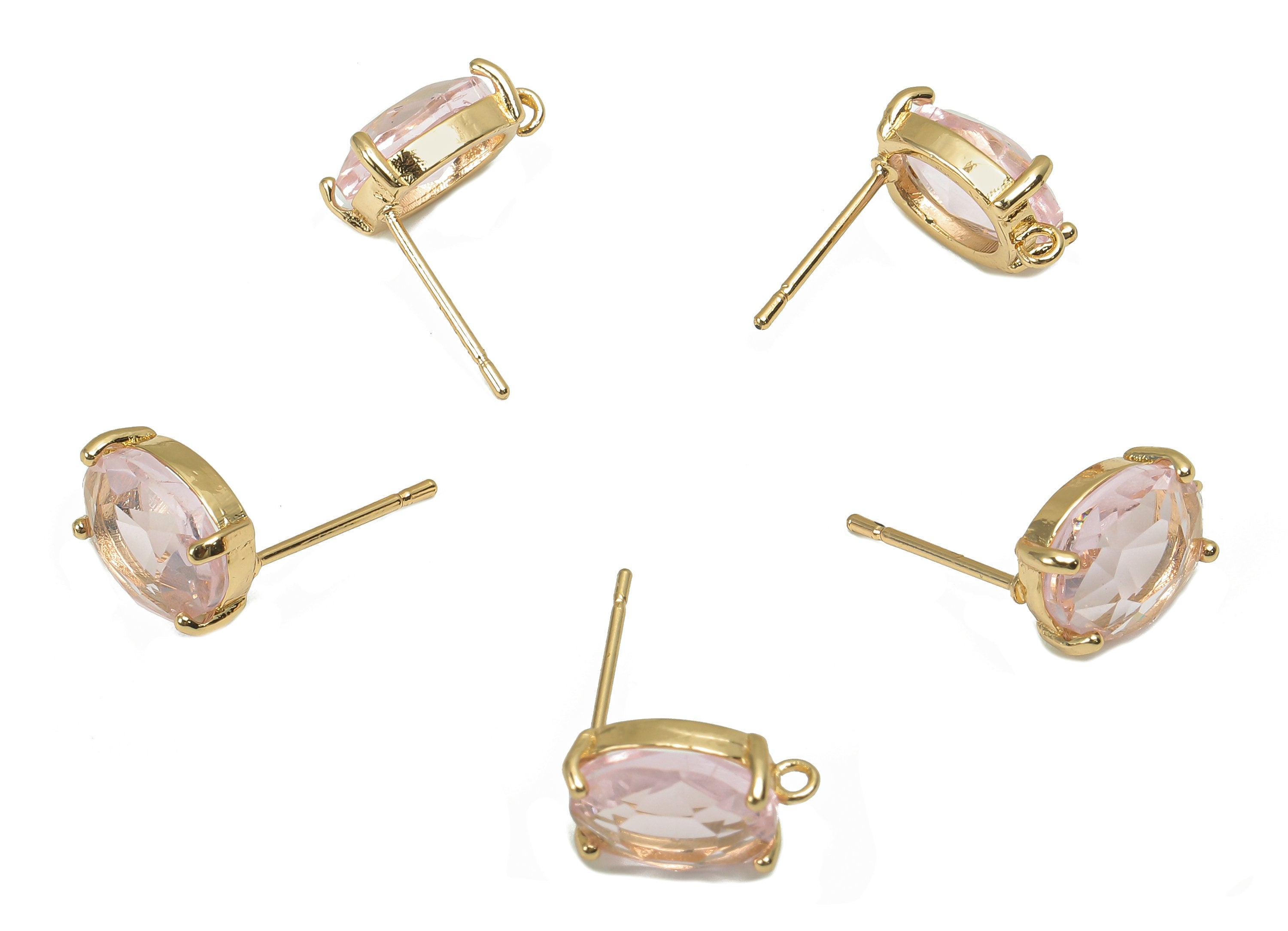 Brass Frame Oval Stud Earring - Faceted Clear Pink Glass With Loop - Silver Stud - Gold Tone Plating - 12.2x8x4mm - GS1156D - DOMEDBAZAAR