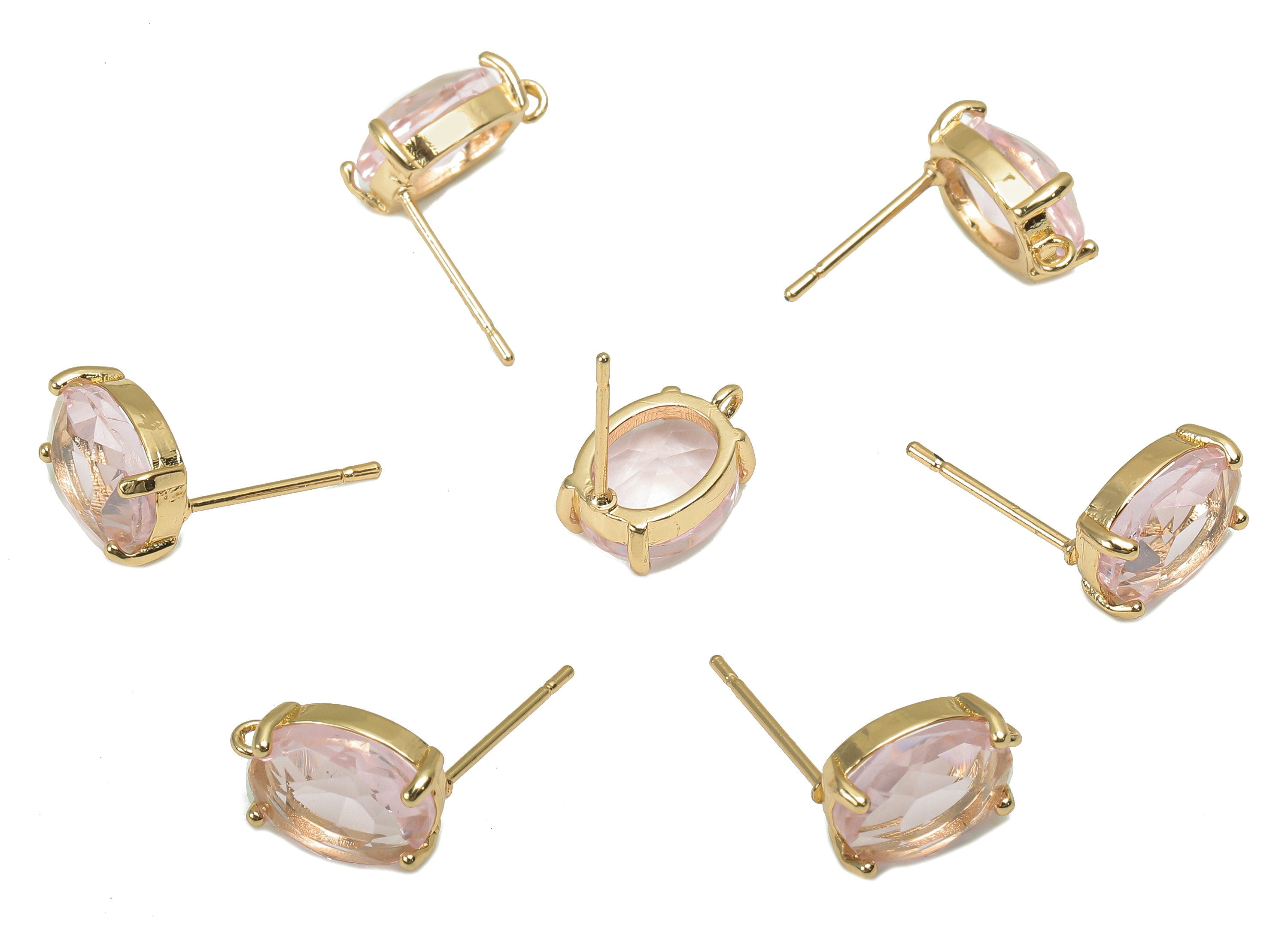 Brass Frame Oval Stud Earring - Faceted Clear Pink Glass With Loop - Silver Stud - Gold Tone Plating - 12.2x8x4mm - GS1156D - DOMEDBAZAAR