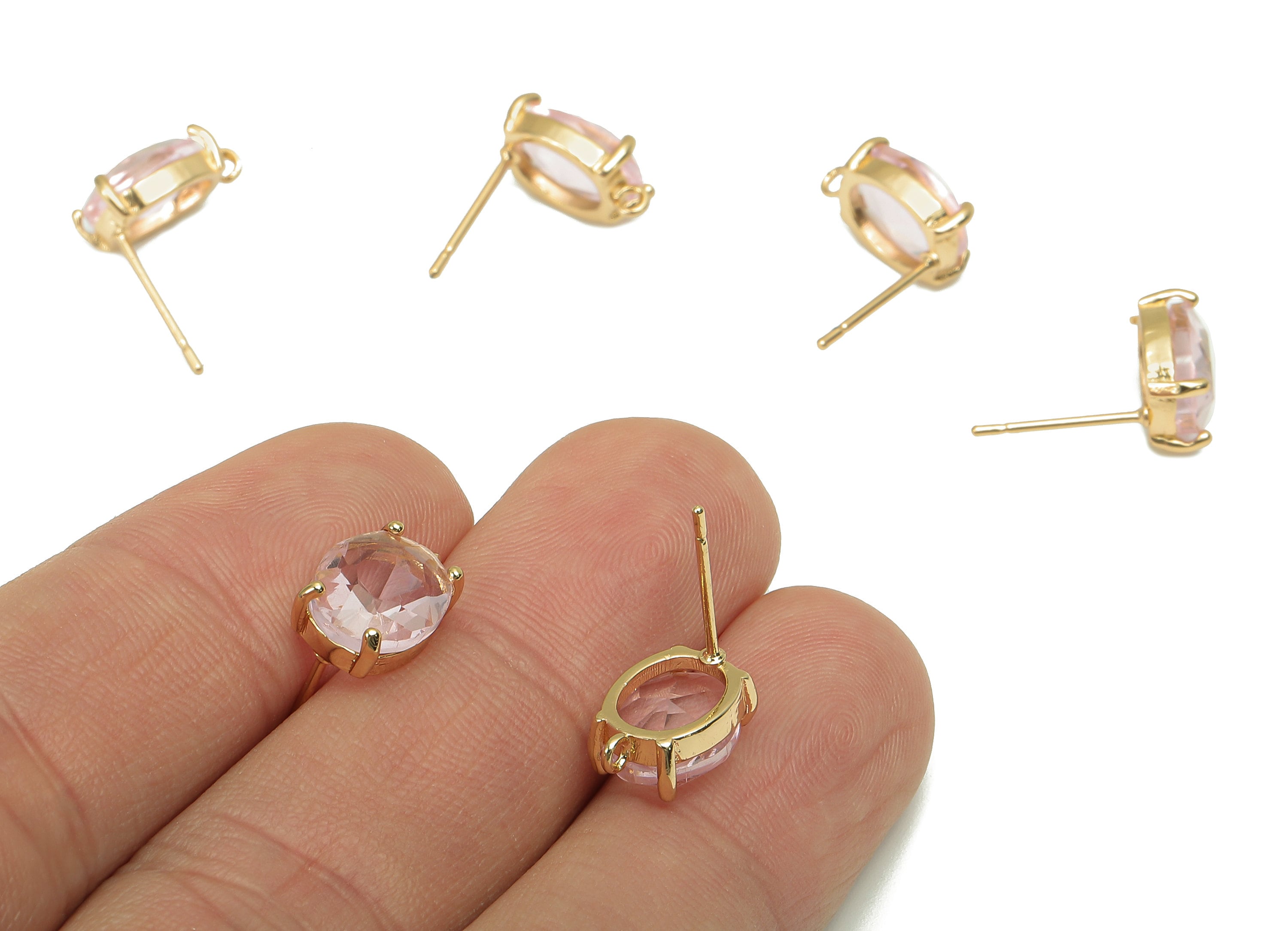 Brass Frame Oval Stud Earring - Faceted Clear Pink Glass With Loop - Silver Stud - Gold Tone Plating - 12.2x8x4mm - GS1156D - DOMEDBAZAAR