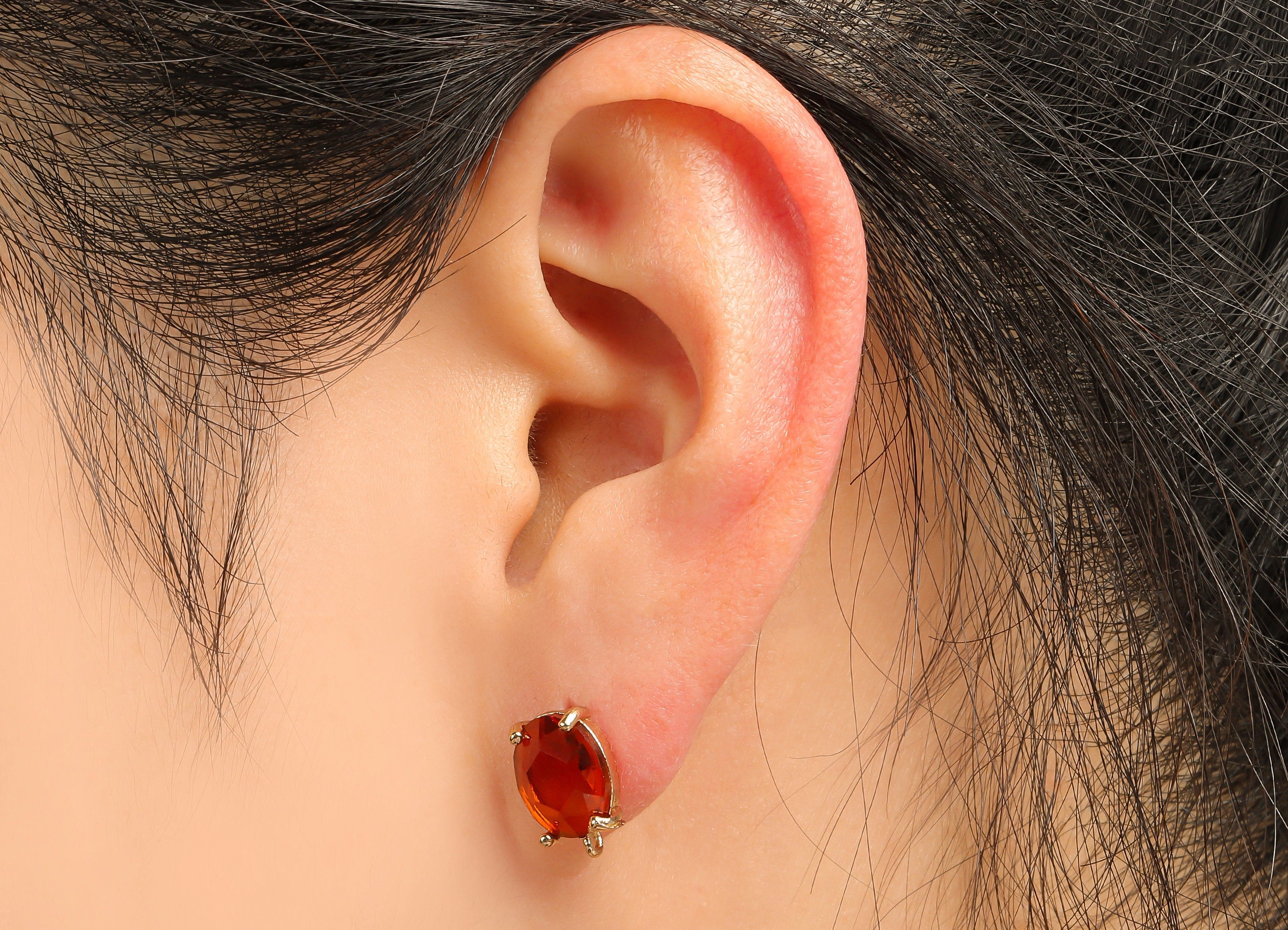 Brass Frame Oval Stud Earring - Faceted Clear Orange Glass With Loop - Silver Stud - Gold Tone Plating - 12.2x8x4mm - GS1156B - DOMEDBAZAAR