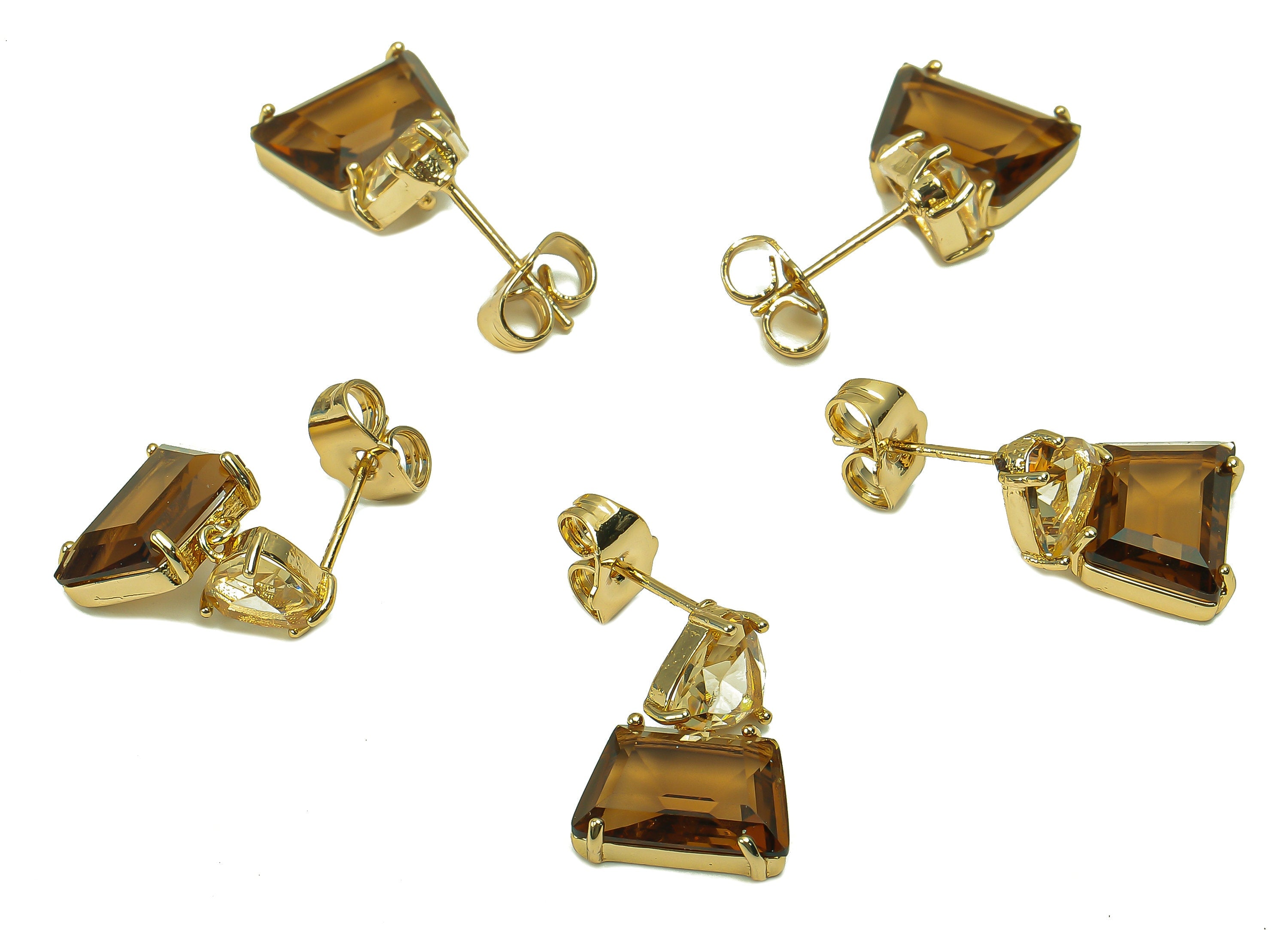 Brass Frame Triangle Stud Earring - Faceted Clear Brown Trapezoidal Glass - Stainless Steel - Gold Tone Plating - 18.3x11.8x4.2mm - GS1157 - DOMEDBAZAAR