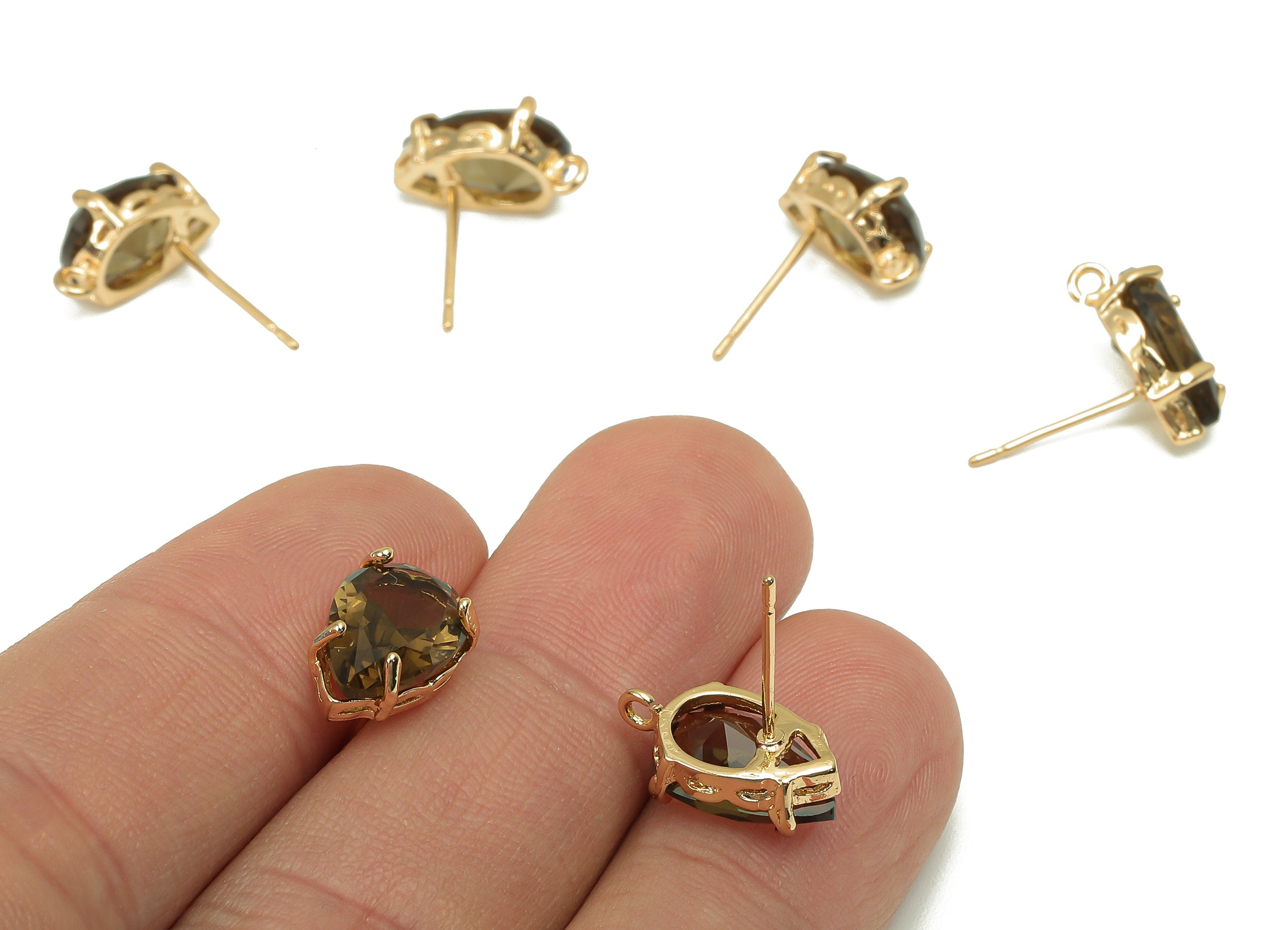 Brass Frame Drop Stud Earring - Faceted Clear Black Teardrop Glass With Loop - Silver Stud - Gold Tone Plating - 14.6x8.4x5mm -GS1158B - DOMEDBAZAAR