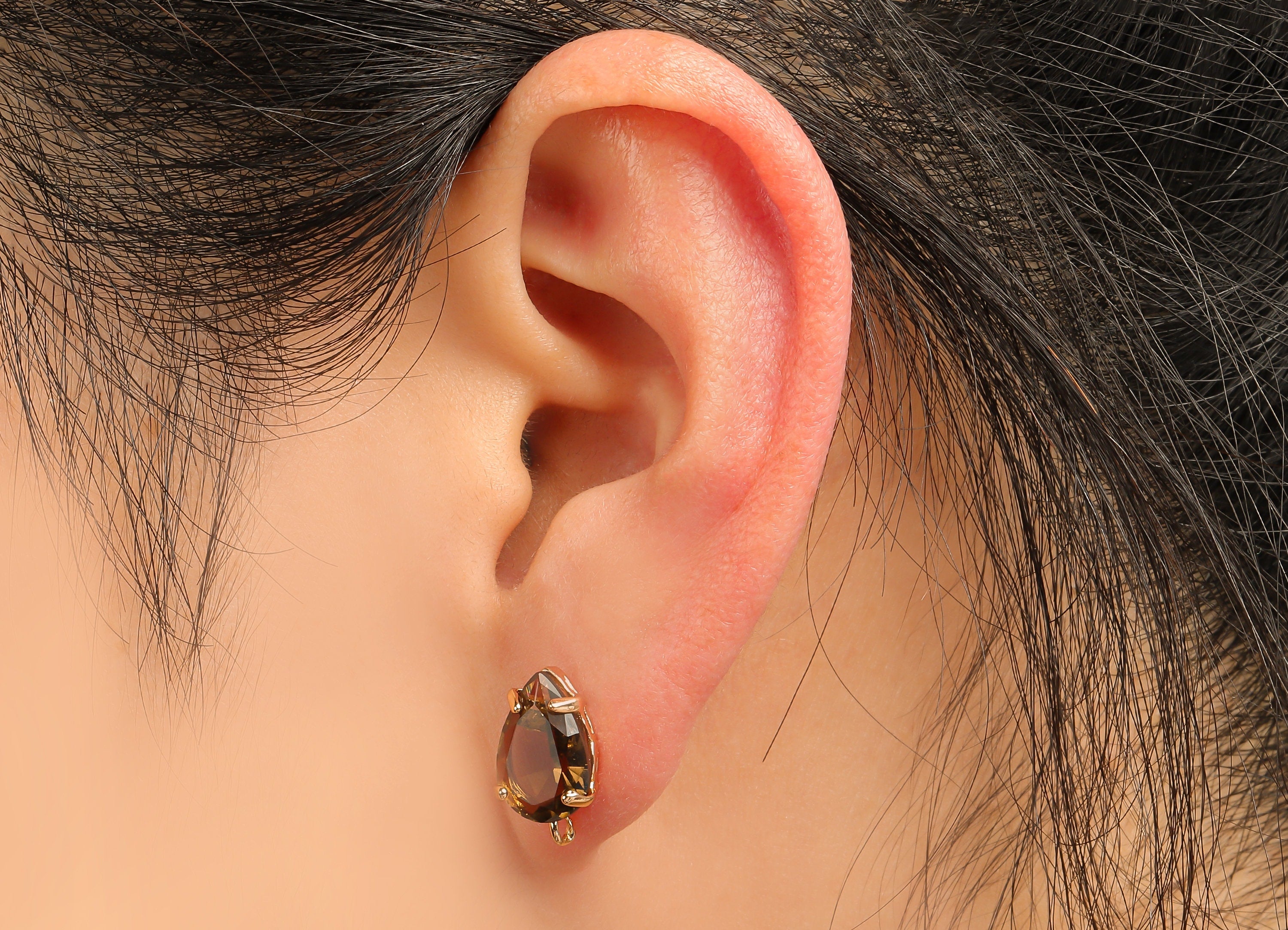 Brass Frame Drop Stud Earring - Faceted Clear Black Teardrop Glass With Loop - Silver Stud - Gold Tone Plating - 14.6x8.4x5mm -GS1158B - DOMEDBAZAAR
