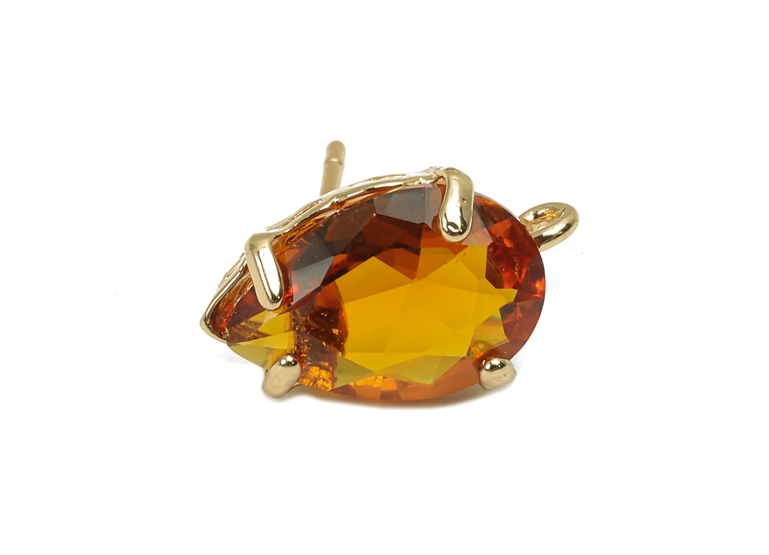 Brass Frame Drop Stud Earring - Faceted Clear Orange Teardrop Glass With Loop - Silver Stud - Gold Tone Plating - 14.6x8.4x5mm - GS1158C - DOMEDBAZAAR