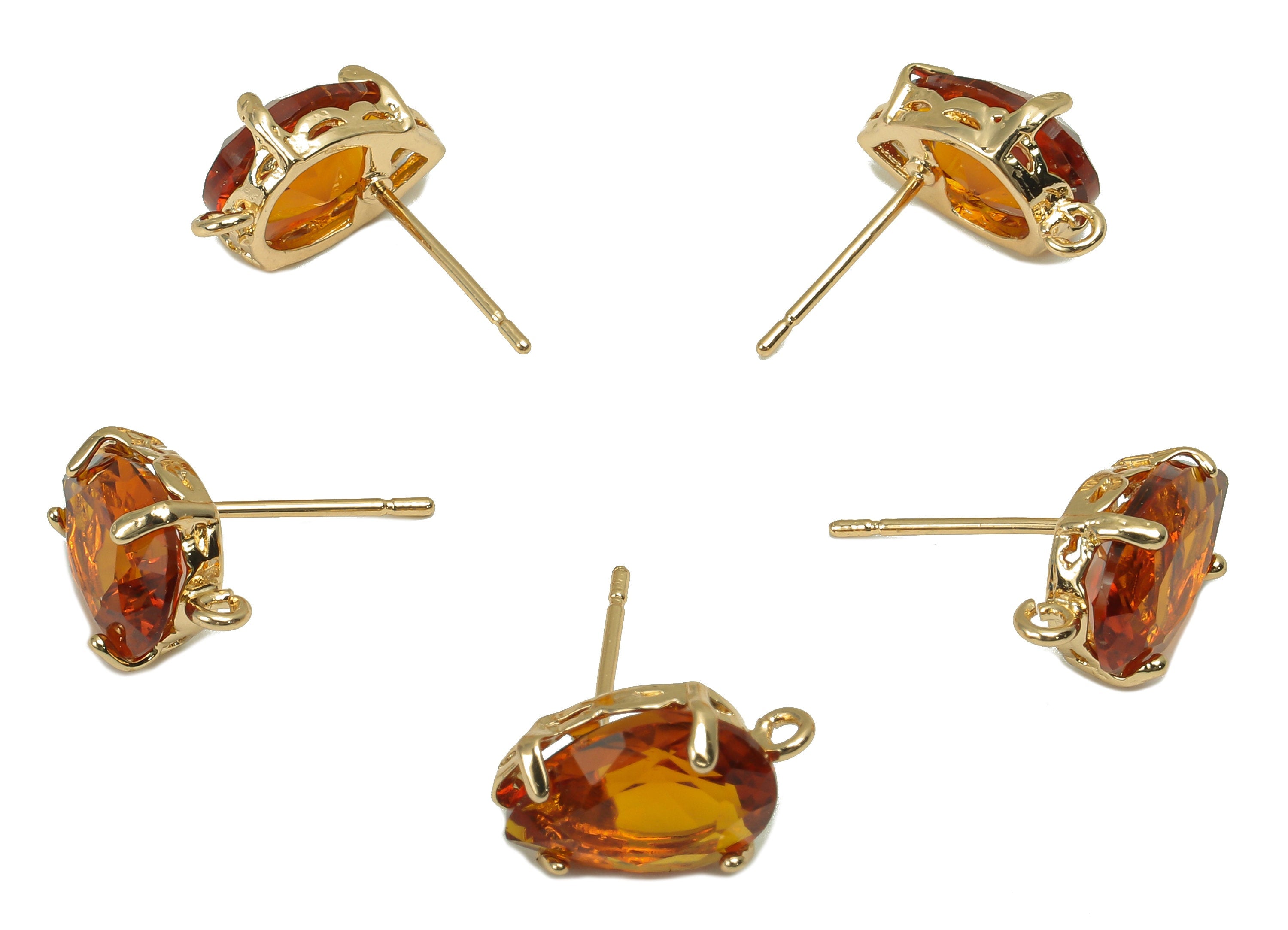 Brass Frame Drop Stud Earring - Faceted Clear Orange Teardrop Glass With Loop - Silver Stud - Gold Tone Plating - 14.6x8.4x5mm - GS1158C - DOMEDBAZAAR