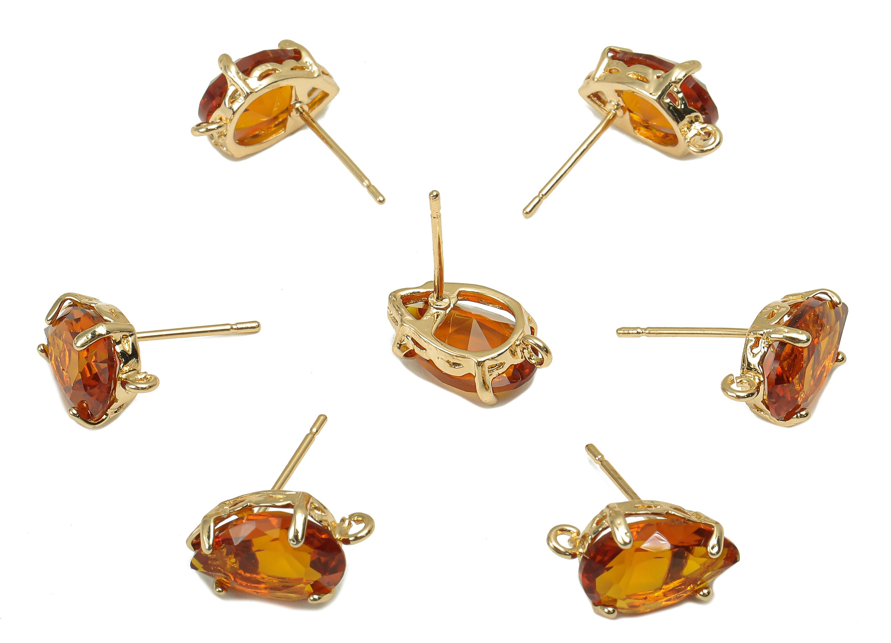 Brass Frame Drop Stud Earring - Faceted Clear Orange Teardrop Glass With Loop - Silver Stud - Gold Tone Plating - 14.6x8.4x5mm - GS1158C - DOMEDBAZAAR