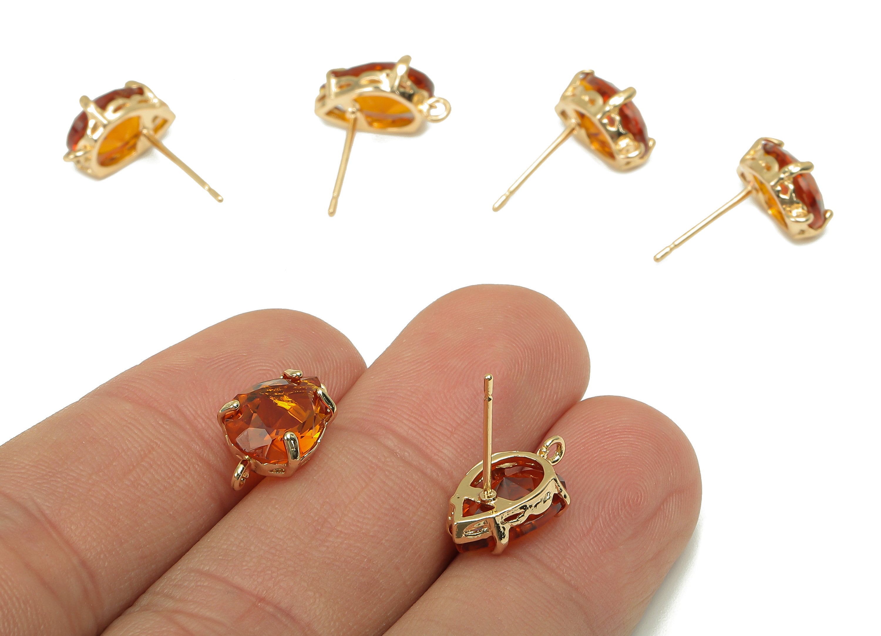 Brass Frame Drop Stud Earring - Faceted Clear Orange Teardrop Glass With Loop - Silver Stud - Gold Tone Plating - 14.6x8.4x5mm - GS1158C - DOMEDBAZAAR