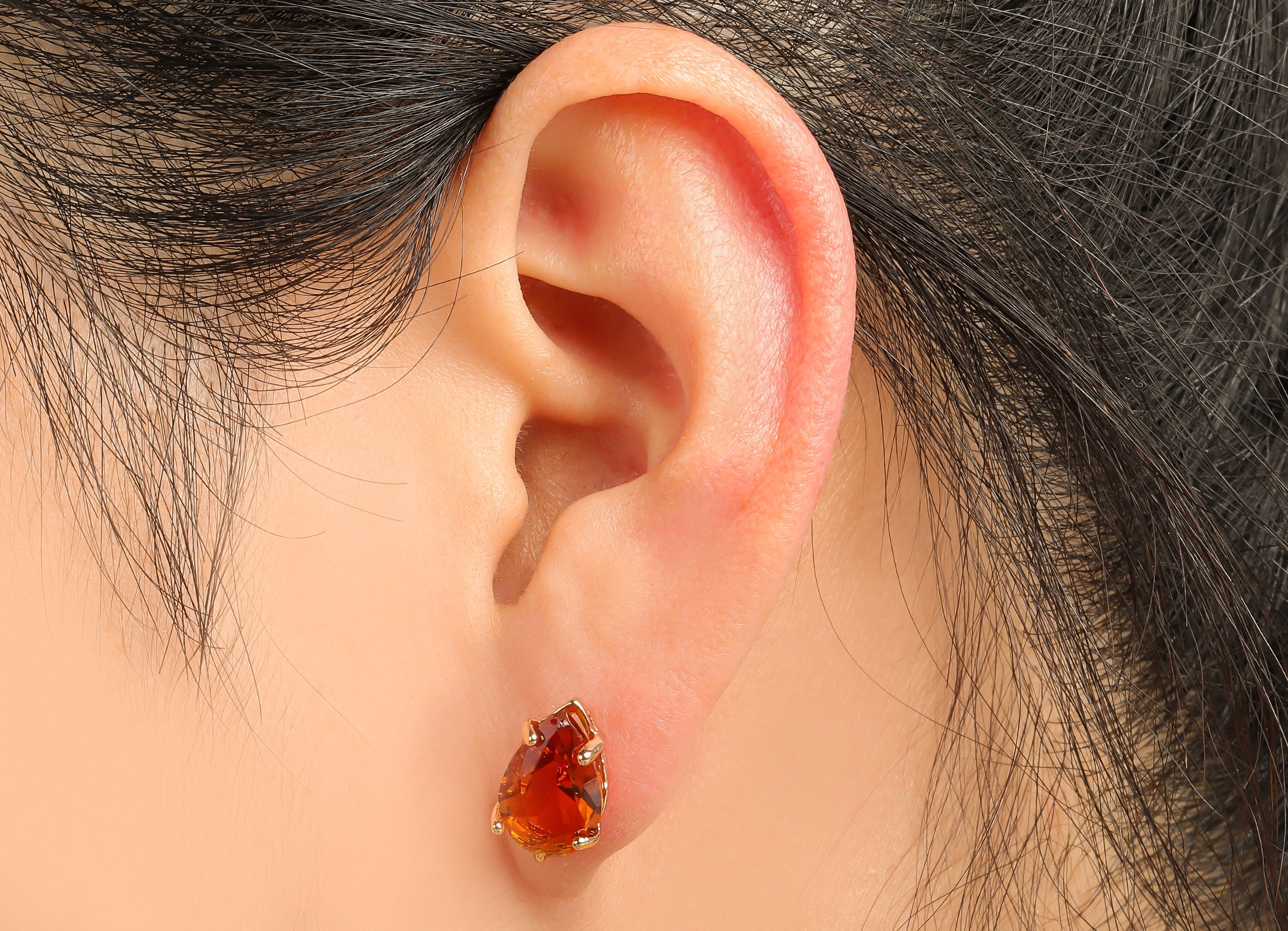 Brass Frame Drop Stud Earring - Faceted Clear Orange Teardrop Glass With Loop - Silver Stud - Gold Tone Plating - 14.6x8.4x5mm - GS1158C - DOMEDBAZAAR