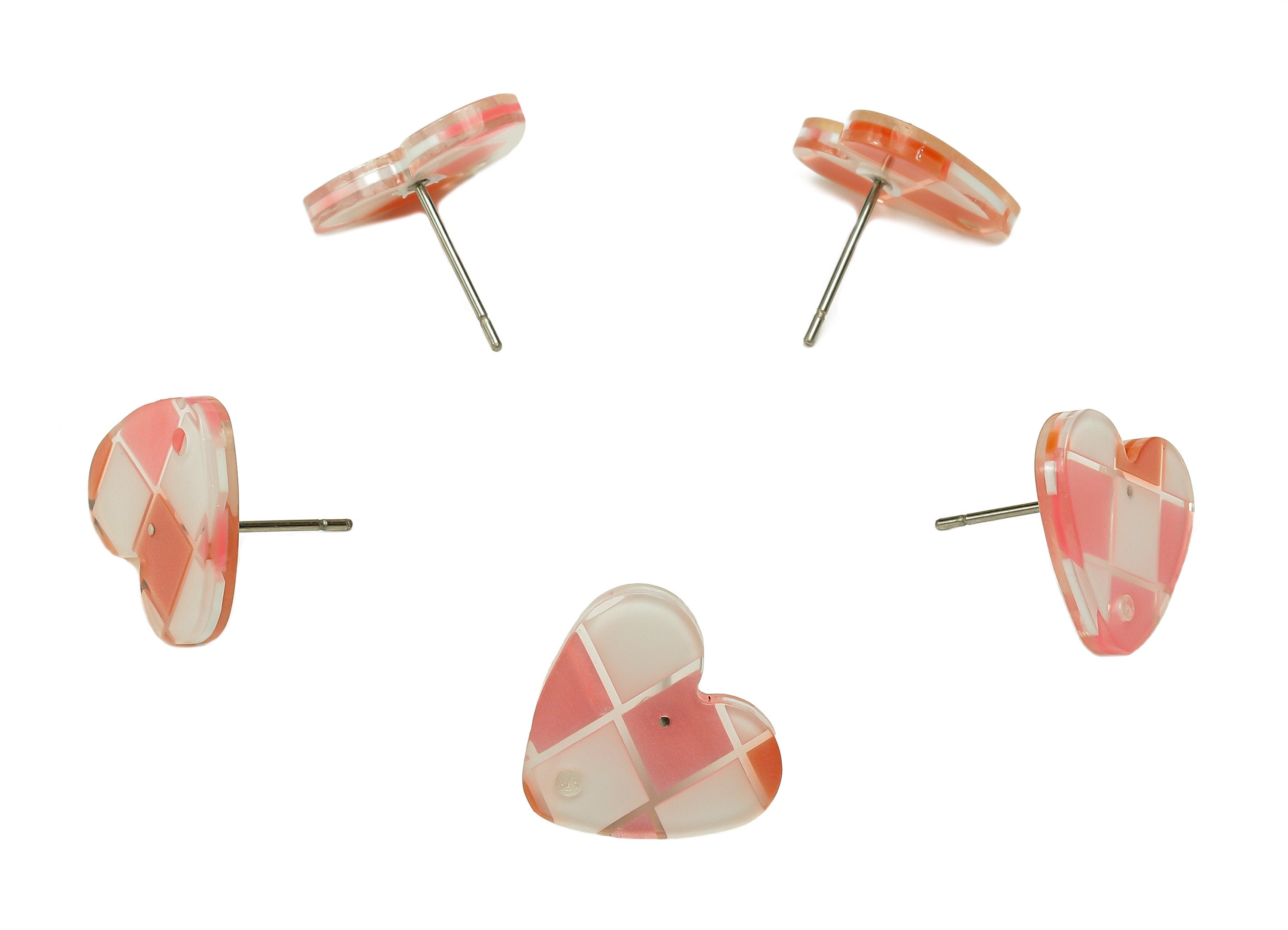 PVC Heart Earring Post - Pink & White Checkered Stud Earring With Hole - 316 Stainless Steel - Color Code: A856 -15.3x13.7x2.3mm-AC2528-A856 - DOMEDBAZAAR